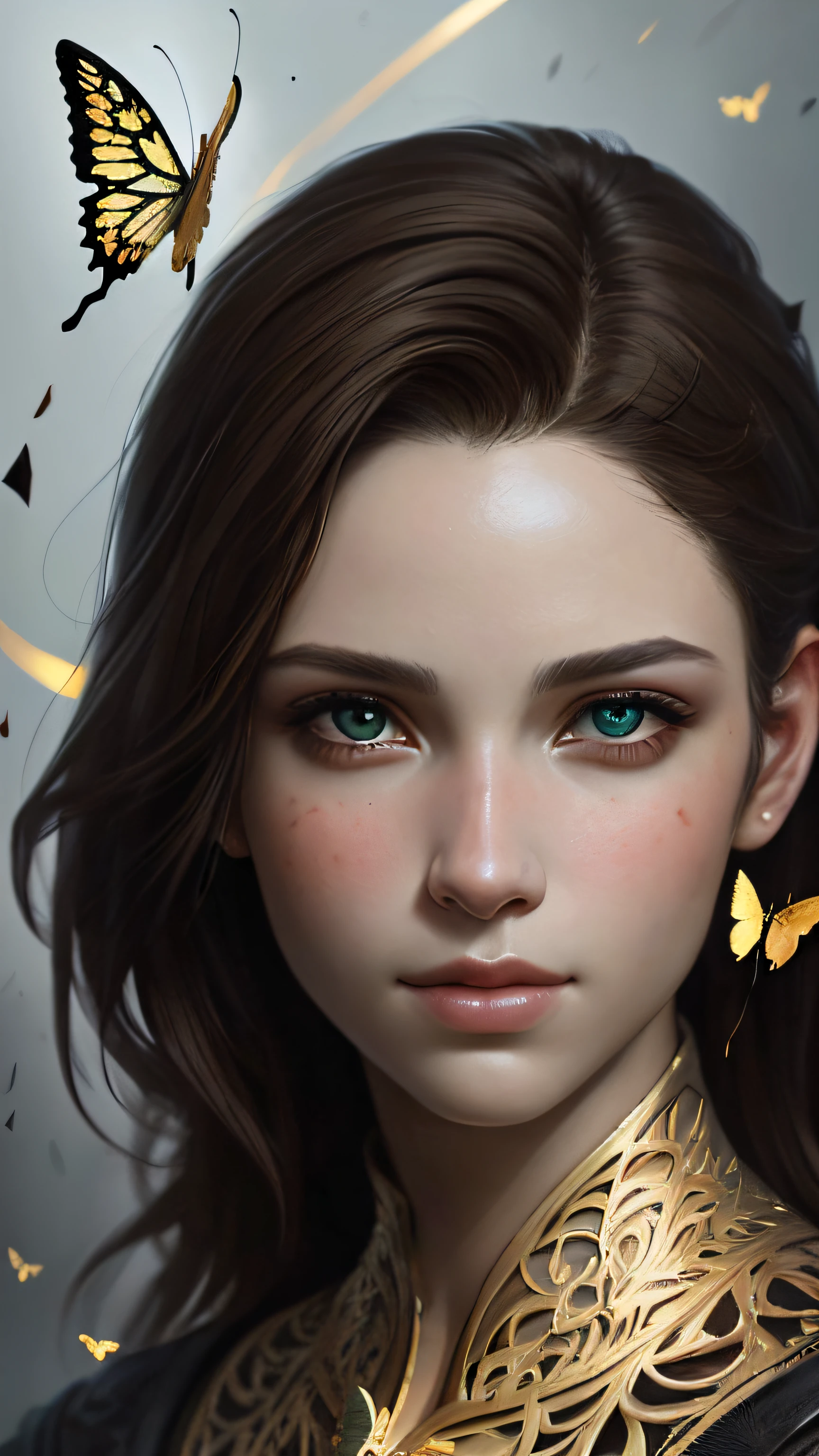 8k portrait of beautiful cyborg with brown hair, intricate, elegant, highly detailed, majestic, digital photography, art by artgerm and ruan jia and greg rutkowski surreal painting gold butterfly filigree, broken glass, (masterpiece, sidelighting, finely detailed beautiful eyes: 1.2), hdr,