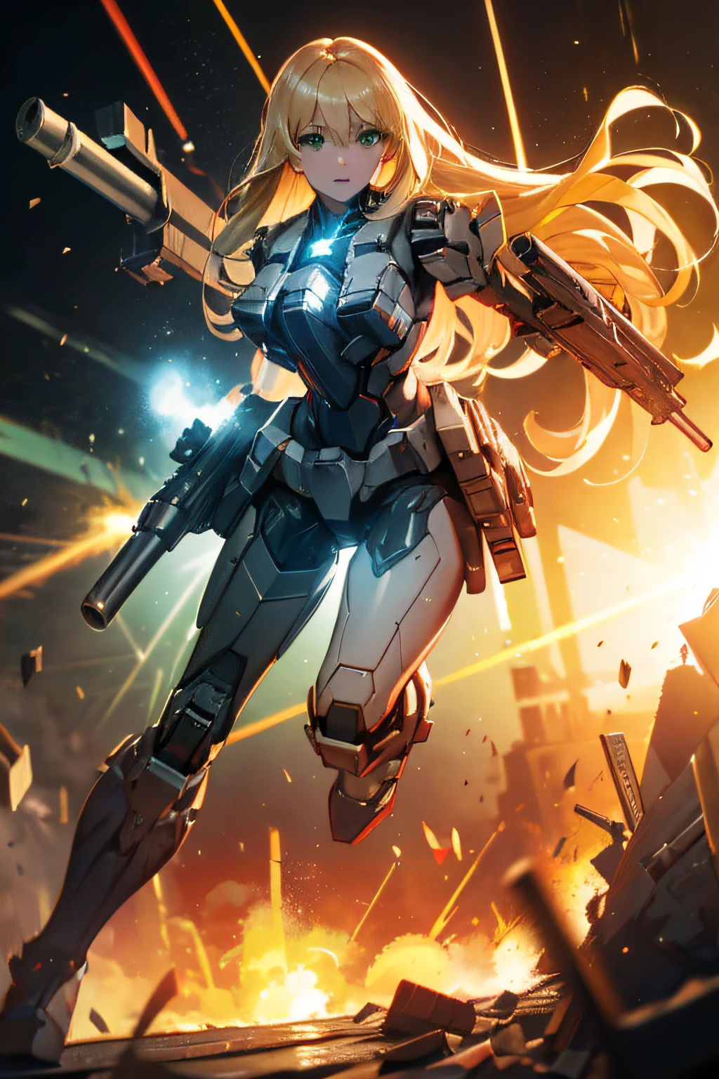 a girl running and shooting a rail gun, smoke, explosion, debris, (battlefield:1.4),  (running:1.4),  (shooting:1.4),  (Rail gun:1.4), (Thick Body:1.4), (Long Blond Hair:1.4), Green Eyes, HDR (High Dynamic Range), Ray Tracing, NVIDIA RTX, Super-Resolution, Unreal 5, Subsurface Scattering, PBR Texturing, Post-Processing, Anisotropic Filtering, Depth-Of-Field ,Maximum Clarity And Sharpness, Multi-Layered Textures, Albedo And Specular Maps, Surface Shading, Accurate Simulation Of Light-Material Interaction, Octane Render, Two-Tone Lighting, Low ISO, White Balance, Rule Of Thirds, Wide Aperture, 8K RAW, Efficient Sub-Pixel, Sub-Pixel Convolution, (Luminescent Particles:1.4), {{Masterpiece, Best Quality, Extremely Detailed CG, Unity 8k Wallpaper, 3D, Cinematic Lighting, Lens Flare}},