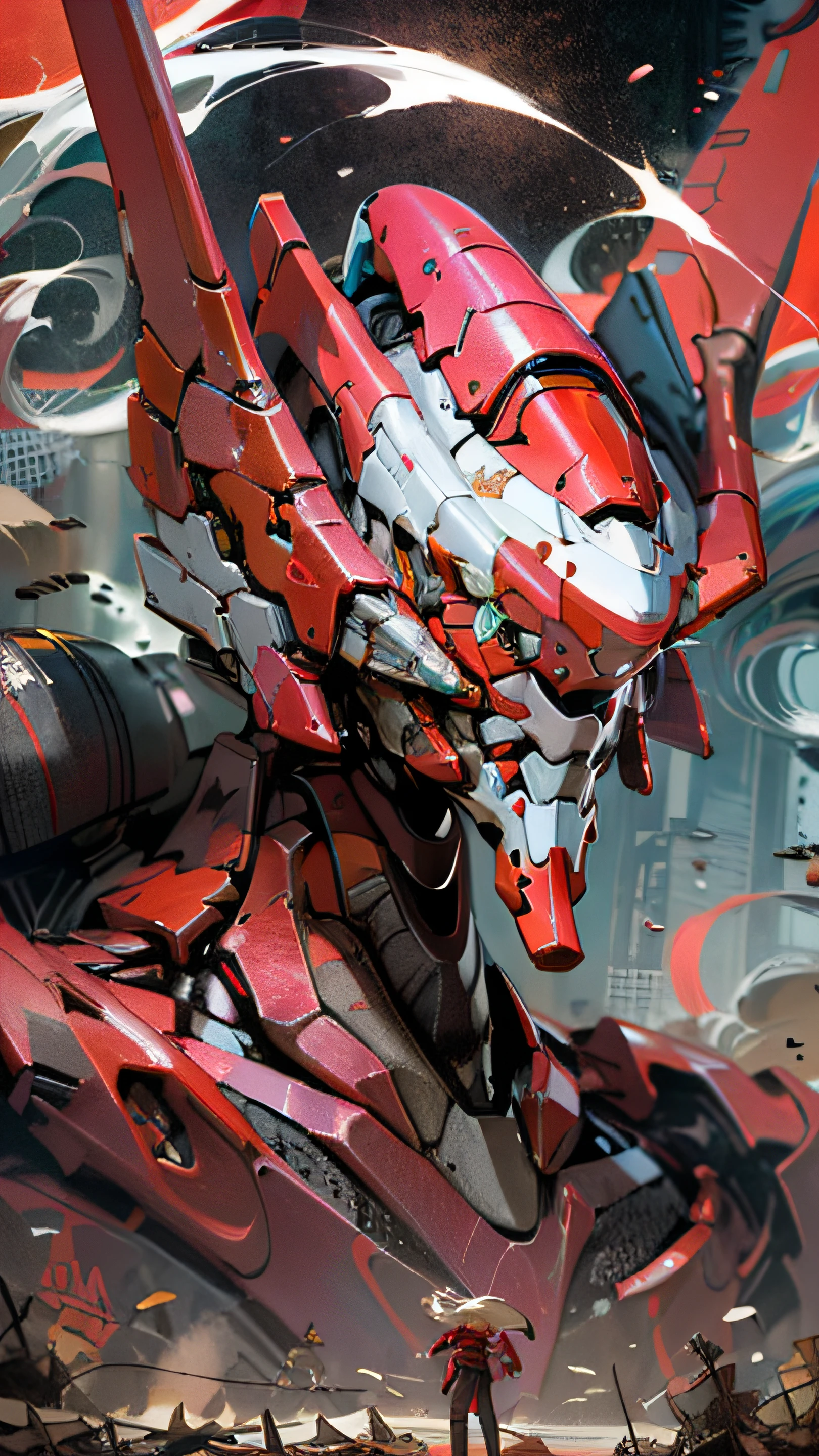 Eva 02, Eva, Evangelion Mecha, Science-Fiction, Mirar visor, (Arte Oficial, La mejor calidad, Obra maestra: 1.2), Ilustraciones, High resolution, hermoso fondo abstracto, futuristic, comic book style, mecha, Arma de mano, Sable de luz, Profundidad de campo, wide angle,