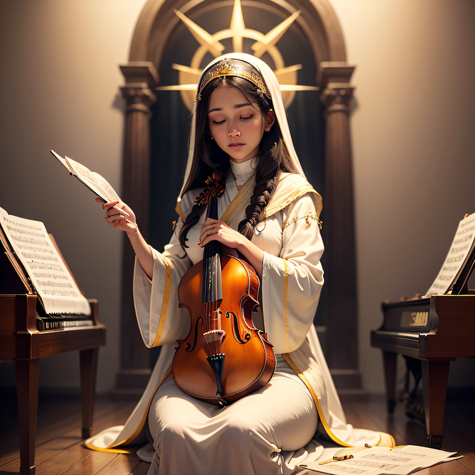 ((masterpiece, best quality)), (1girl),(( female)), image of St. Cecilia, the patron saint of musicians, who conveys her devotion to music and her connection to spirituality. Paint a scene that depicts St. Cecilia delicately holding a musical instrument, with a serene and inspired look. Their robes e depicted in soft shades of white and gold, symbolizing their purity and heavenly glory. Around her, place musical elements like notes, sheet music, or instruments in one smooth motion, evoking the harmony she brings to the world through music. Be sure to capture the serenity and divine aura that emanates from this holy figure. Feel free to add additional details that underscore the importance of music in your life and its influence in the spiritual sphere.