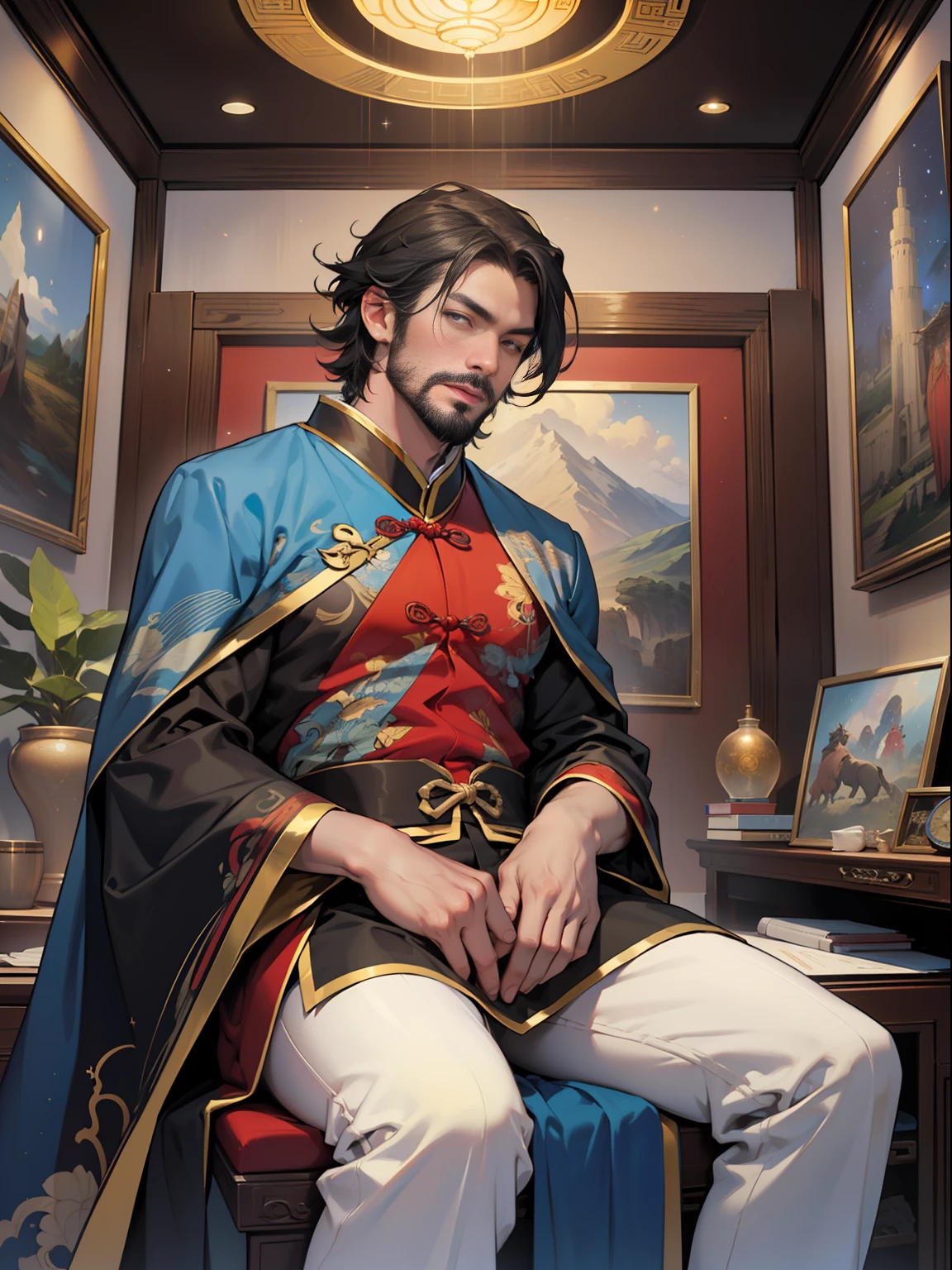 (best quality, masterpiece), (super detailed color, surreal), 35 years old Chinese male astrologer Dr. Luo Fei, zodiac totem second house, constellation palace, observatory, professor of Chinese history and philosophy, male bright blue Chromatic cloak, big bump, stubble, hairy thighs, HDR, theatrical lighting, art station trends, CG news trends, pro photography.