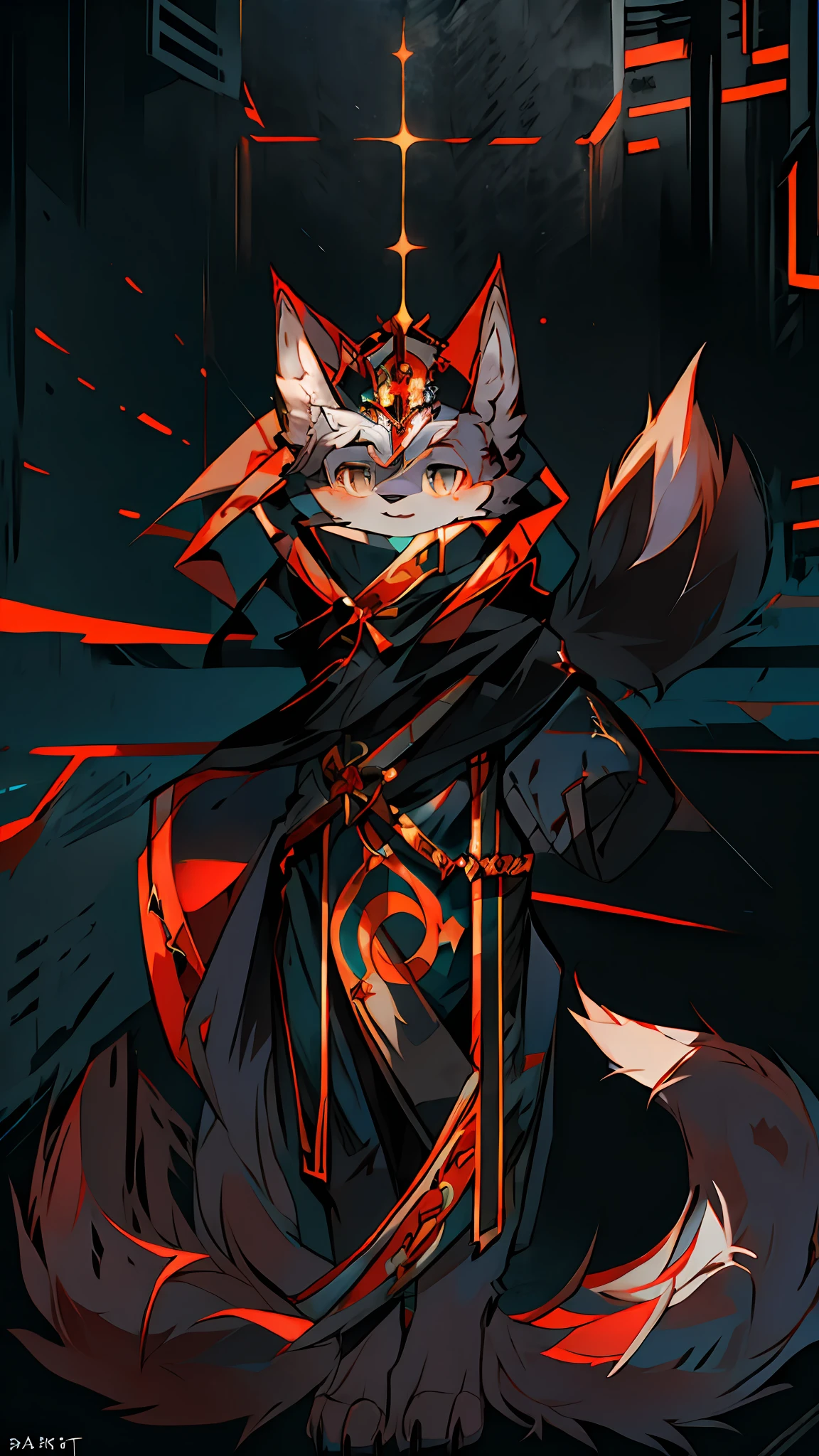 Anime - style illustration of wolf in cape and sickle, anthropomorphic cyberpunk fox, black fox mage, arcane art style, from the night of the ark, Flsona art, very, very beautiful furry art, drawn in mysterious style, Duelyst style, high resolution committee, official character art, zero zen art