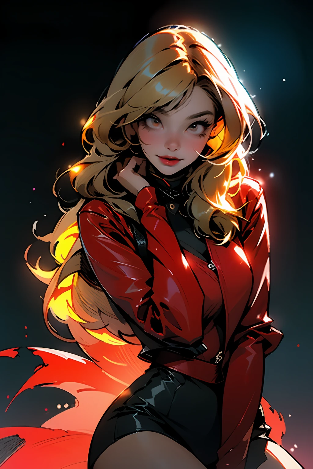 ((whole body)), ((Best quality)), ((masterpiece)), (detailed: 1.4), (Absurd), hot vampire 14 year old girl with shiny skin, perfect and defined body, thick bare thighs, only in panties, wearing a black leather jacket open each at the shoulders, open neckline to the navel showing part of the breasts, generous neckline, ((perfect large breasts)), (well outlined eyes red pupils), (((long and very black eyelashes)), (((red clothing))), (((short blonde hair with irregular bangs)))), (Tattoo of a dragon taking the whole arm and part of the shoulder and neck), red micro skirt, short underwear, garter belt, by mucha, niji --V5, close to the real, psychopath, crazy face, sexy pose, 2 piece clothes, pastel, centered, scale to fit the dimensions, background of a narrow street at night, HDR (High Dynamic Range),Ray Tracing,NVIDIA RTX,Super-Resolution,Unreal 5,Subsurface Dispersion, PBR Texture, Post-processing, Anisotropic filtering, Depth of field, Maximum clarity and sharpness, Multilayer textures, Albedo and specular maps, Surface shading, Accurate simulation of light-material interaction, Perfect proportions, Octane Render, Two-tone lighting, Wide aperture, Low ISO, White balance, Rule of thirds, 8K RAW