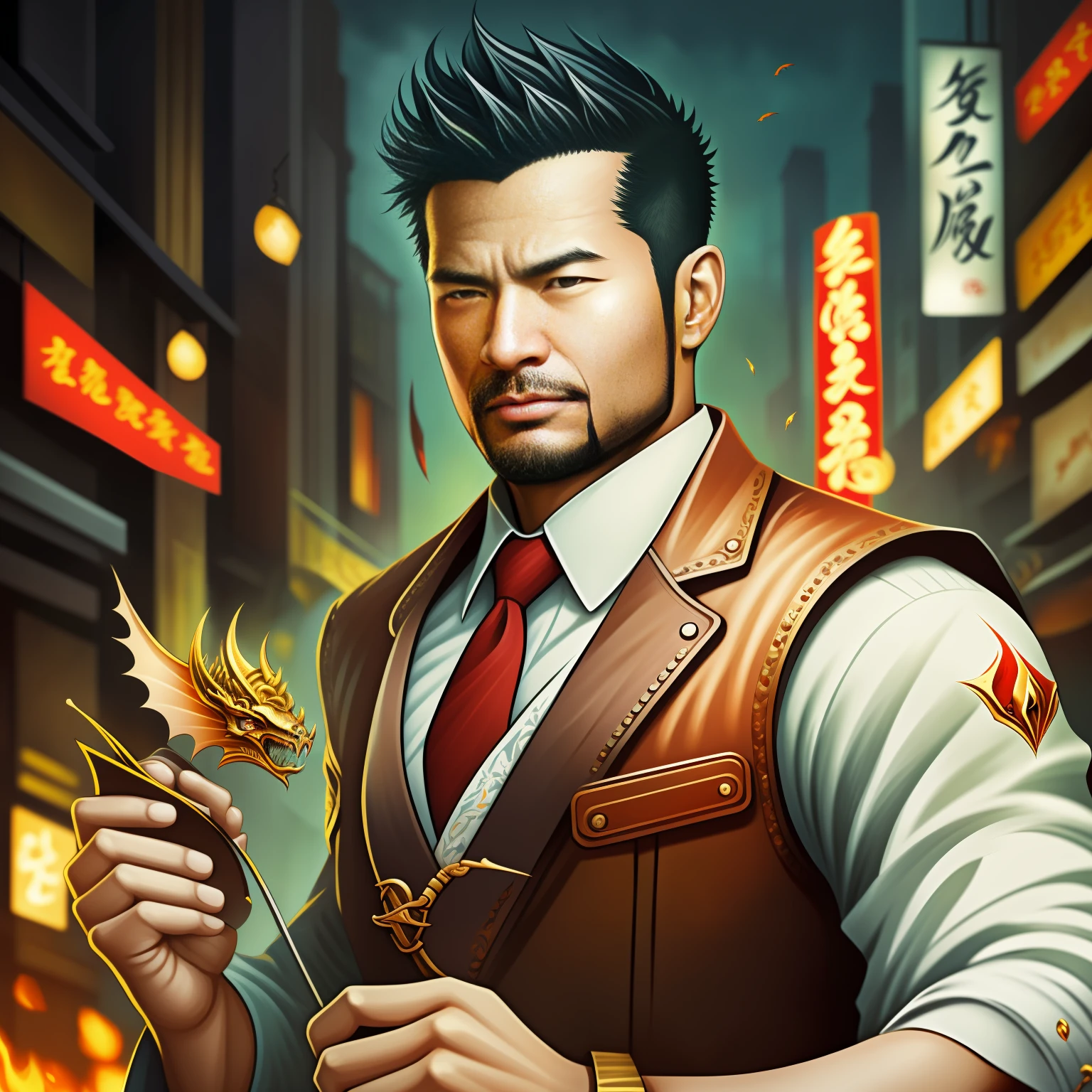 (巨作) Extremely quality, hyper detailed illustration, Ultra-high resolution, Interprets the handsome image of 35-year-old Hong Kong detective Kong Lin, who is mature and mature。Muscle average，Short hair and inadequate trimming of stubble，Dress up in a surreal city。Magic the Gathering cards floating around him，The red dragon flew by leisurely。Background details are exquisite，The scene is surreal，Create an enchanting graphic style。
