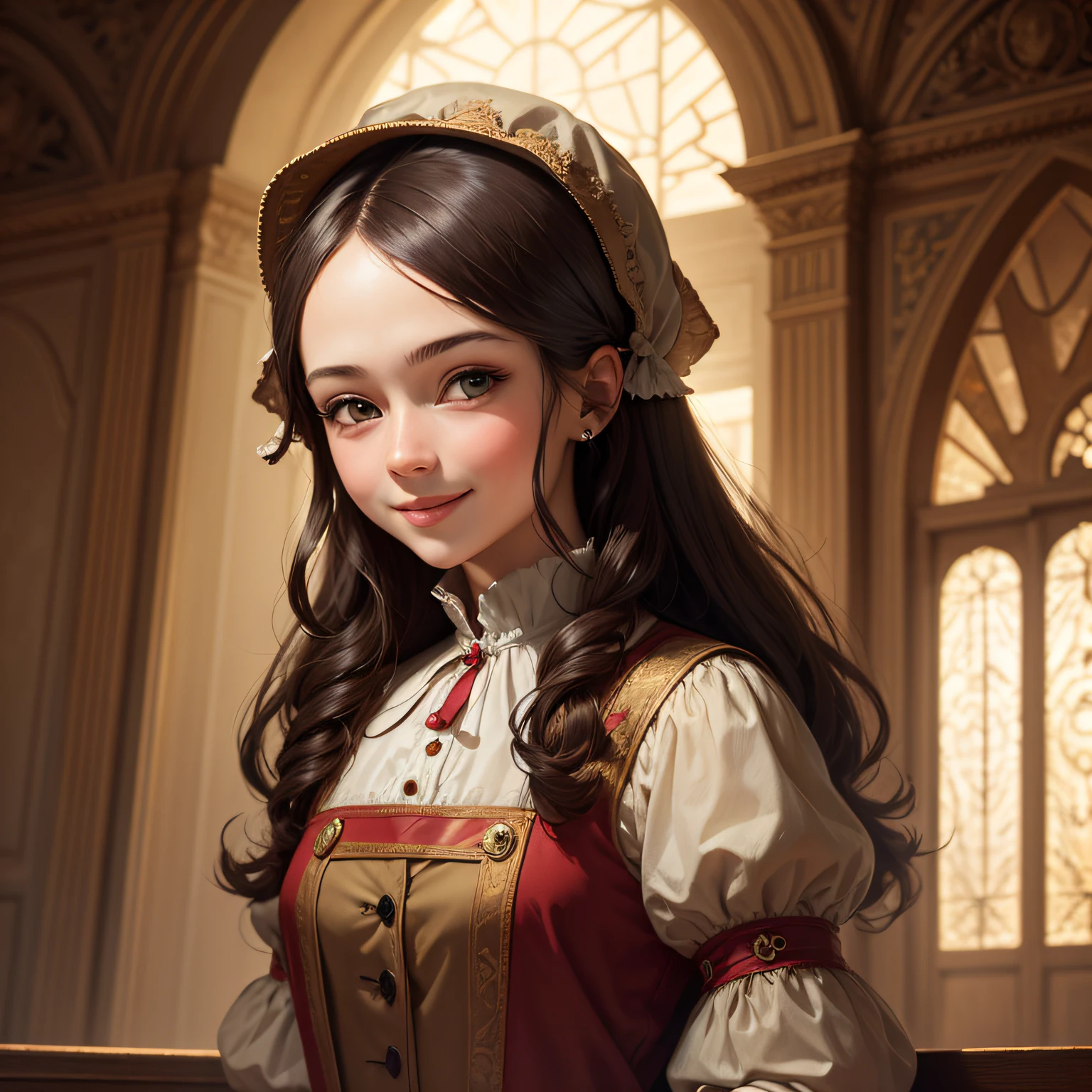 Image in Baroque painting style, beautiful European peasant girl, charming smile