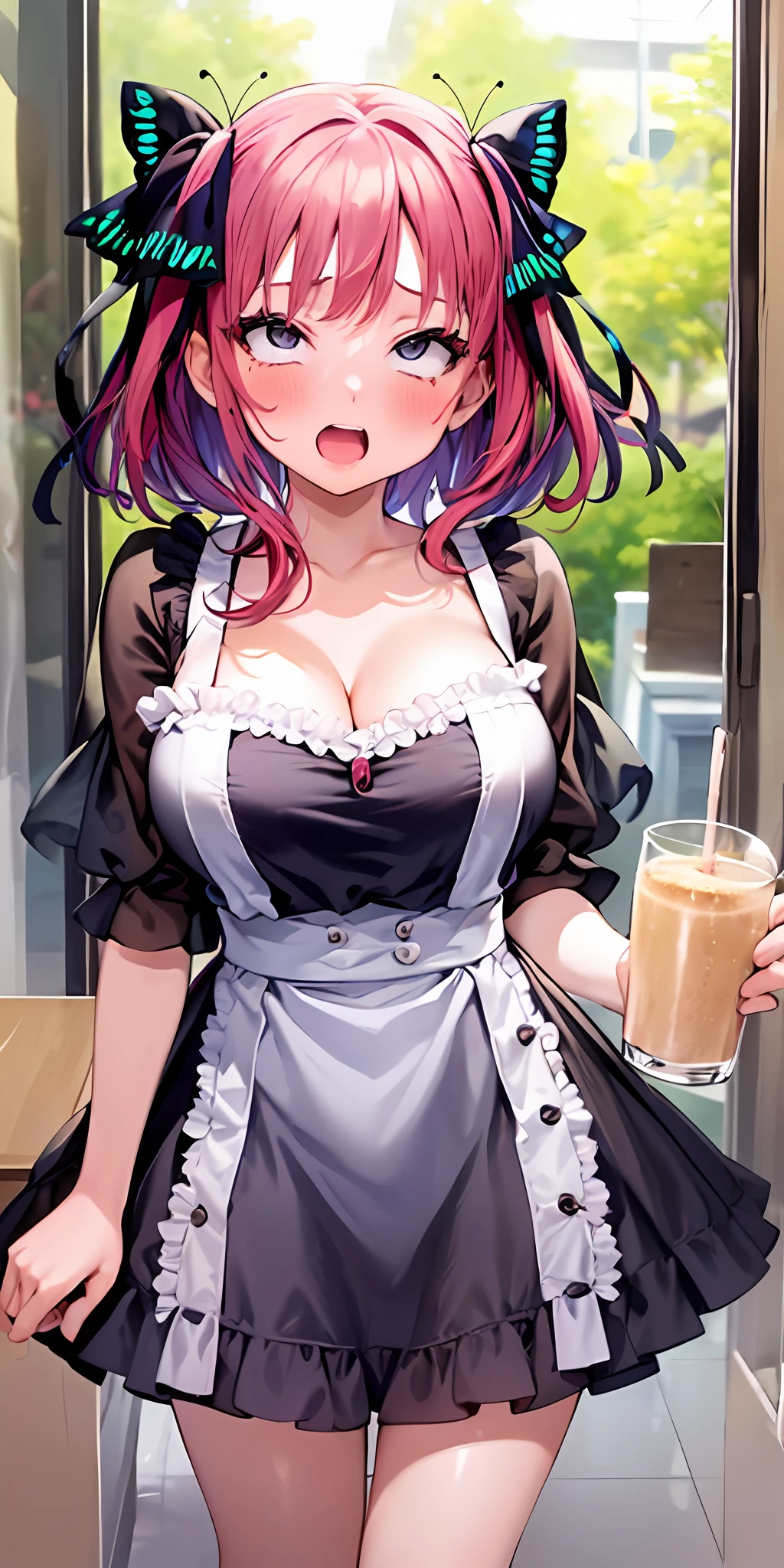 1girls, 独奏, Nakano Nino, Pink hair, butterfly hair ornament, (nuda:1.3), (White apron),, cleavage of the breast, thights, Cafe background, (blushful:1.3),scream out