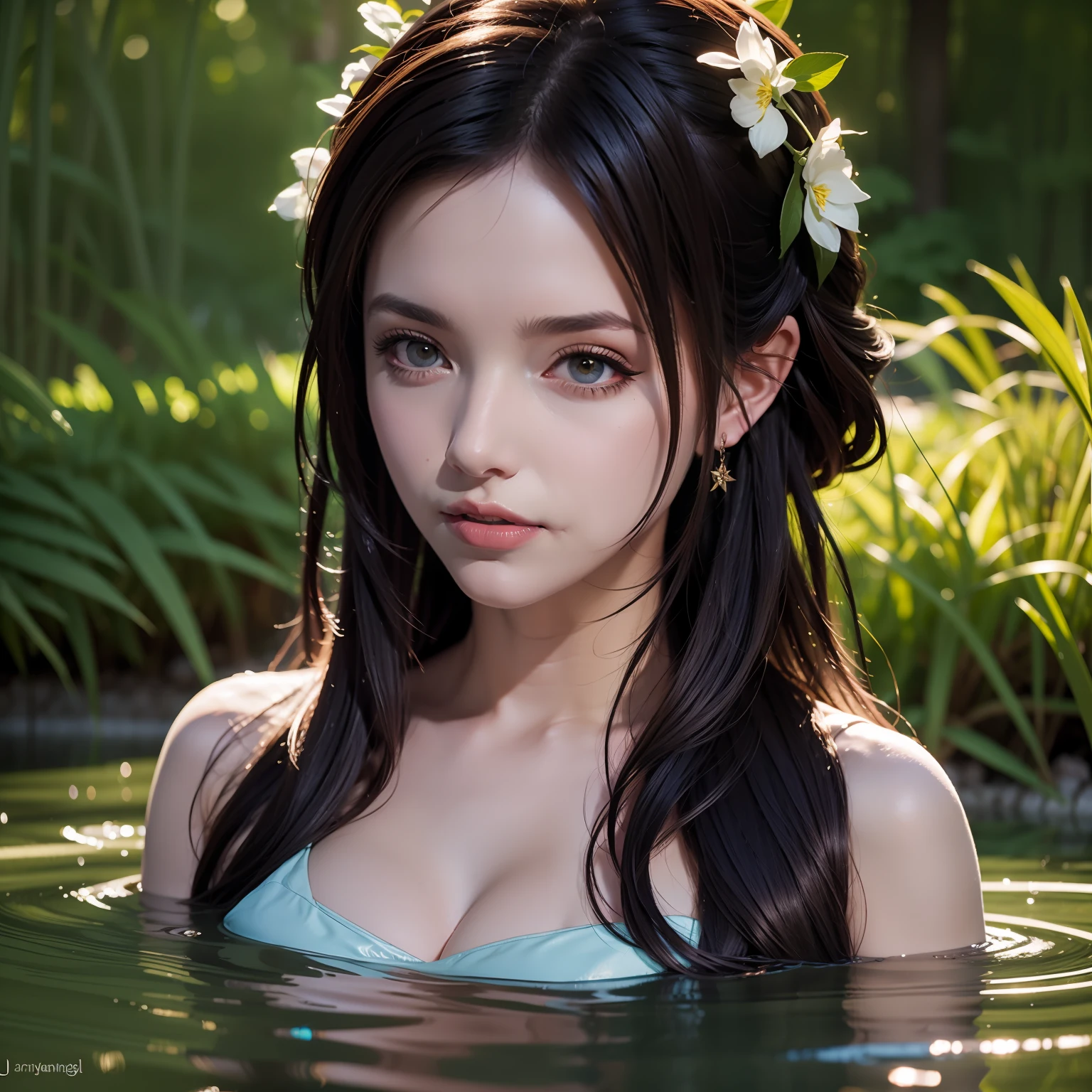 close up portrait of a cute woman (gldot) bathing in a river, reeds, (backlighting), realistic, masterpiece, highest quality, lens flare, shade, bloom, [[chromatic aberration]], by Jeremy Lipking, by Antonio J. Manzanedo, digital painting,