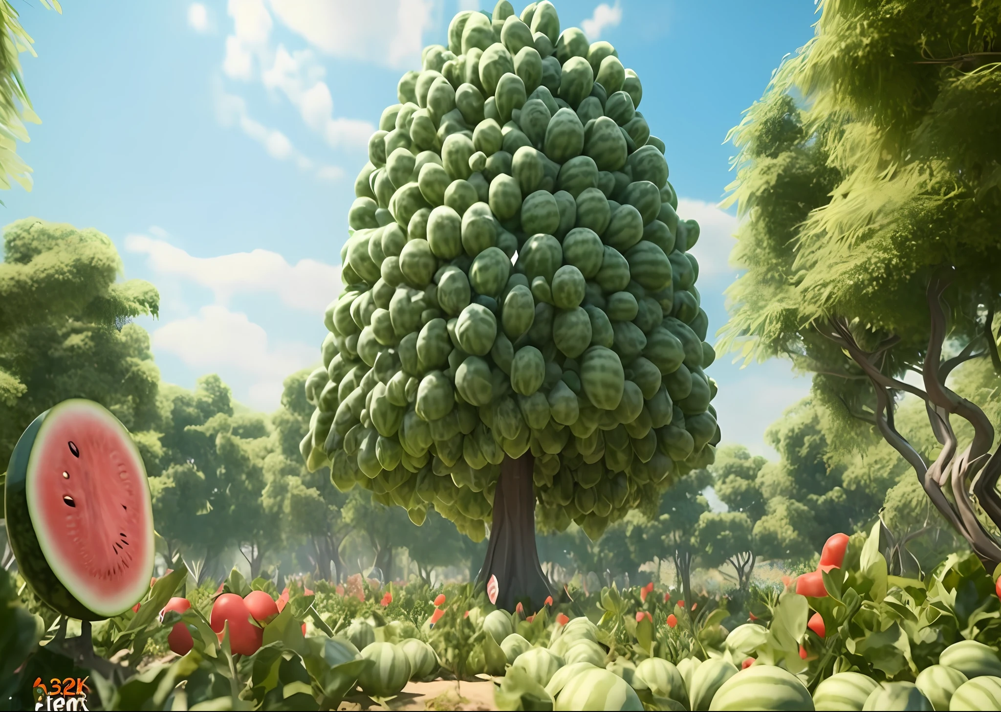 there is a watermelon tree in the middle of a field of watermelons, Animated Movies, animated movie still, Animated Movies, 3 d animated movie, animated movie scene, 3 d animation demo reel, animated movie still, animation still screencap, Global illumination. vfx, animation style render, animated movie still, animated movie shot, stylized as a 3d render,high definition detail,32K