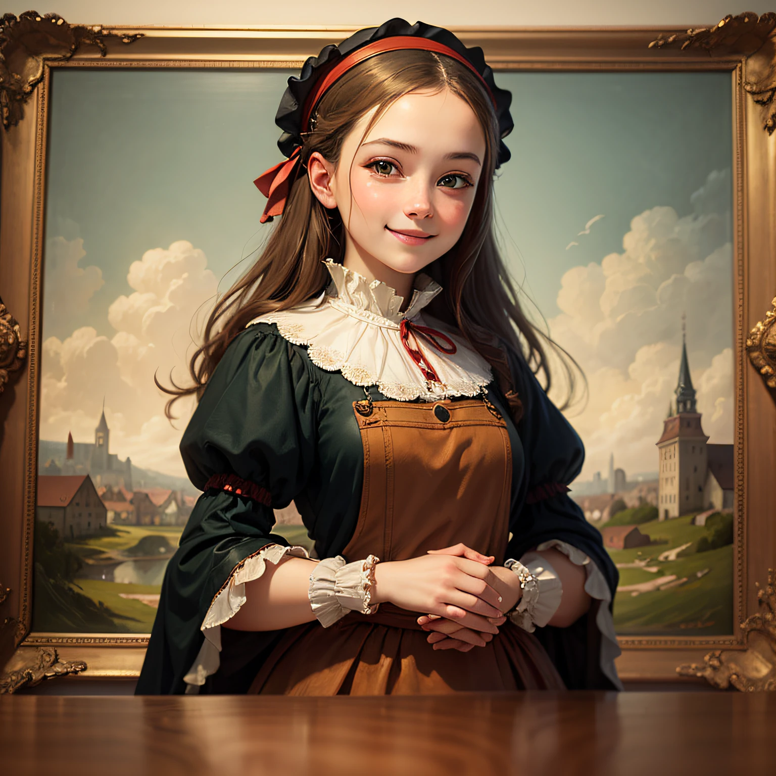 Image in Baroque painting style, beautiful European peasant girl, charming smile