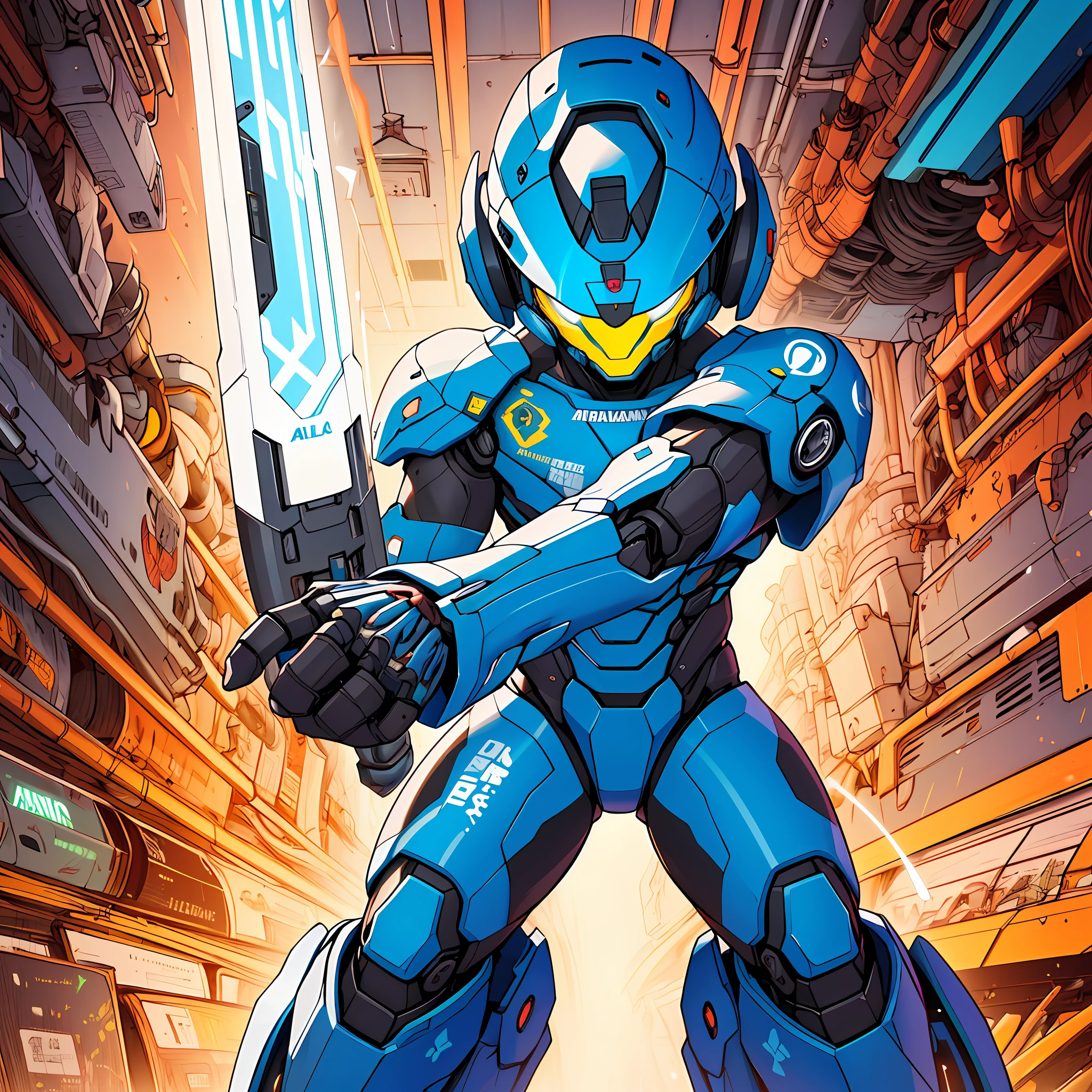 (anatomicamente correto, altissima qualidade, obra prima), Robot soldier, Espada de Energia, aura de batalha, Armadura futurista, intelência artificial, camouflage patterns, (( anatomically correct hands )), Futuristic symbols, corpo poderoso, soldado, bonito