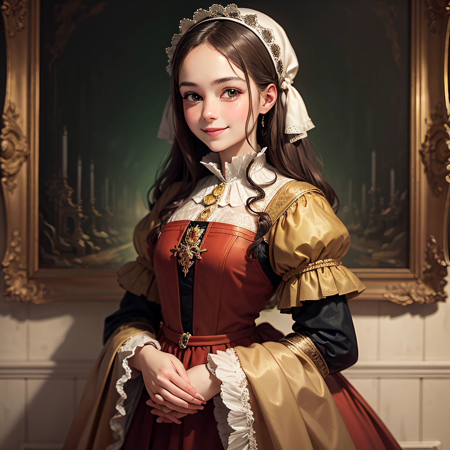 Image in Baroque painting style, beautiful European peasant girl, charming smile