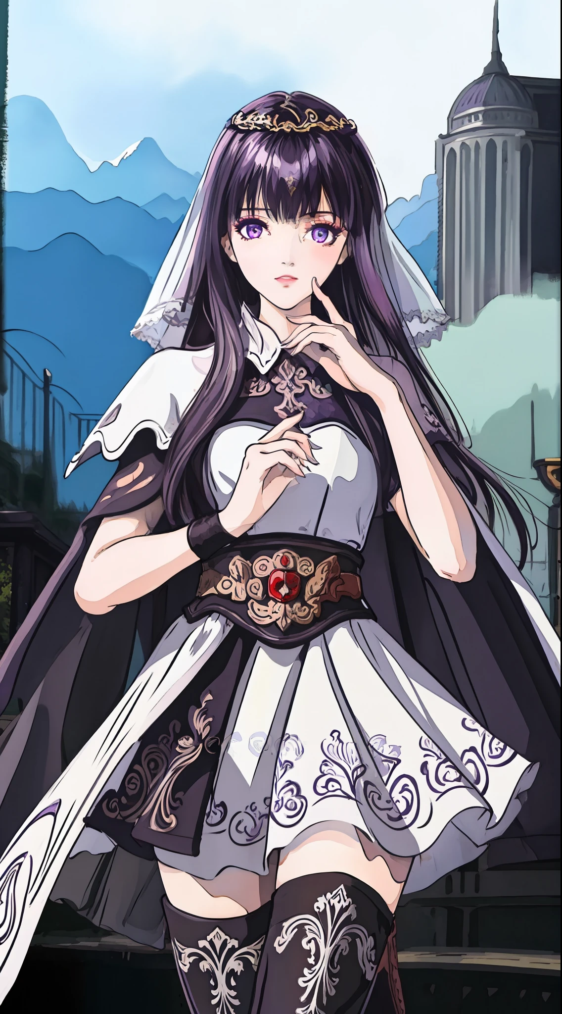 masterpiece, (best quality:1.4), (ultra highres:1.2),4K quality, (delicate illustration:1.4),(8k, RAW photo:1.2),1girl,veil, purple eyes,armor, dress, thighhighs, thigh boots,  cowboy shot,