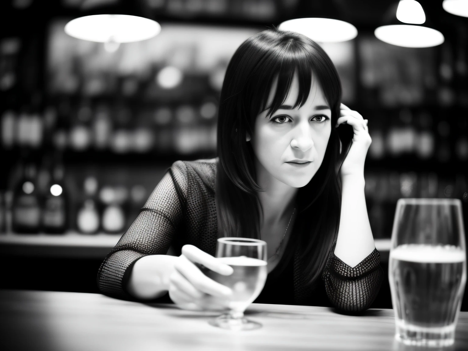 B/W MONOCHROME IMAGE: 01 WOMAN, 35 YEARS OLD SITTING AT A PUB TABLE | 35 year old woman: French, similar to Charlotte Gainsbourg, long black hair, casual outfit, introspective, pensive, B/W MONOCHROME IMAGE: 01 35 YEAR OLD WOMAN SITTING AT PUB TABLE | Female, 35 years old: French, similar to Charlotte Gainsbourg, long black hair, casual outfit, introspective, pensive, bright eyes, frown marks on face, lonely | Table: cigarettes (smoke), ashtray, cigarette smoke, glass of whiskey | Pub: English Style, Whiskey Club | (monochrome) (black and white) (deep black) (true white) (best shadows) (cinematic lighting) (analog) (high detail) (high contrast) (medium noise) (medium sharpness) (sharp focus) (raw) (HD) | POV: closeup on woman, focus on her eyes, bright eyes | Table: cigarettes, ashtray, smoke, glass of whiskey | Pub: English Style, Whiskey Club | (monochrome) (black and white) (deep black) (high texture) (true white) (best shadows) (cinematic lighting) (analog) (high detail) (high contrast) (medium noise) (medium sharpness) (sharp focus ) (raw) (UHD) | P.O.V: closeup on the woman, focus on her eyes