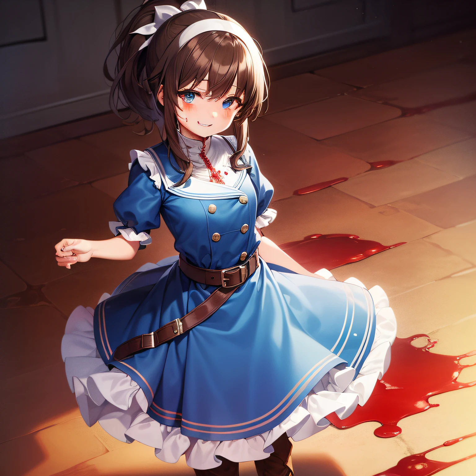 Top quality, very delicate and beautiful, girl, , (dark brown hair), blue clothes with vertical buttons, belt at the waist, white skirt, (ponytail)), (white hair band), (brown boots), blue eyes, standing, smile, blood wet, (a large amount of fresh blood), (a large amount of return blood), (fresh blood on the ground)