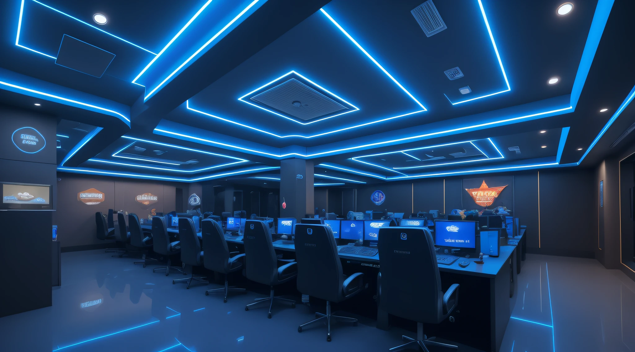 a cyber gaming center ( masterpiece) ( best quality) blue ceramic tile floor , blue plaster ceilling , neon light , glossy, window in cyber style ,(trees outside the glass wall:1.8) Unreal Engineer 8K, full HD 8K