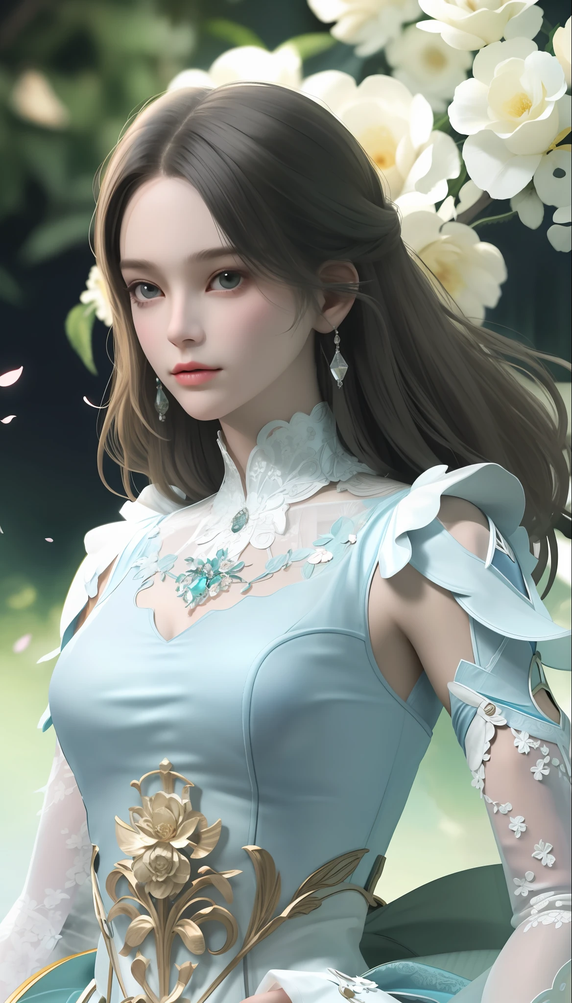 1girl, looking at viewer,
upper body, 3D, realistic,
large breasts, excessively frilled princess dress, draped clothes, jewelry, ornament, flower, lace trim,
masterpiece, best quality, 8k, detailed skin texture, detailed cloth texture,  beautiful detailed face, intricate details, ultra detailed,
rim lighting, side lighting, cinematic light, ultra high res, 8k uhd, film grain,best shadow, delicate, RAW