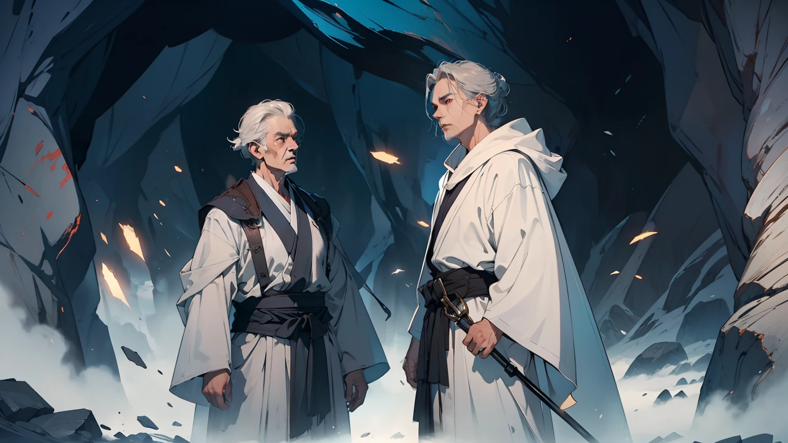 In a cave，Gray-haired old man and young man in gray-white robes，The background is a pitch-black cave，Beautiful CG quality，Clear and detailed description，Hearty shots，Rich and superb local details，Intoxicating light and shadow effects，Beautiful and beautiful overall atmosphere