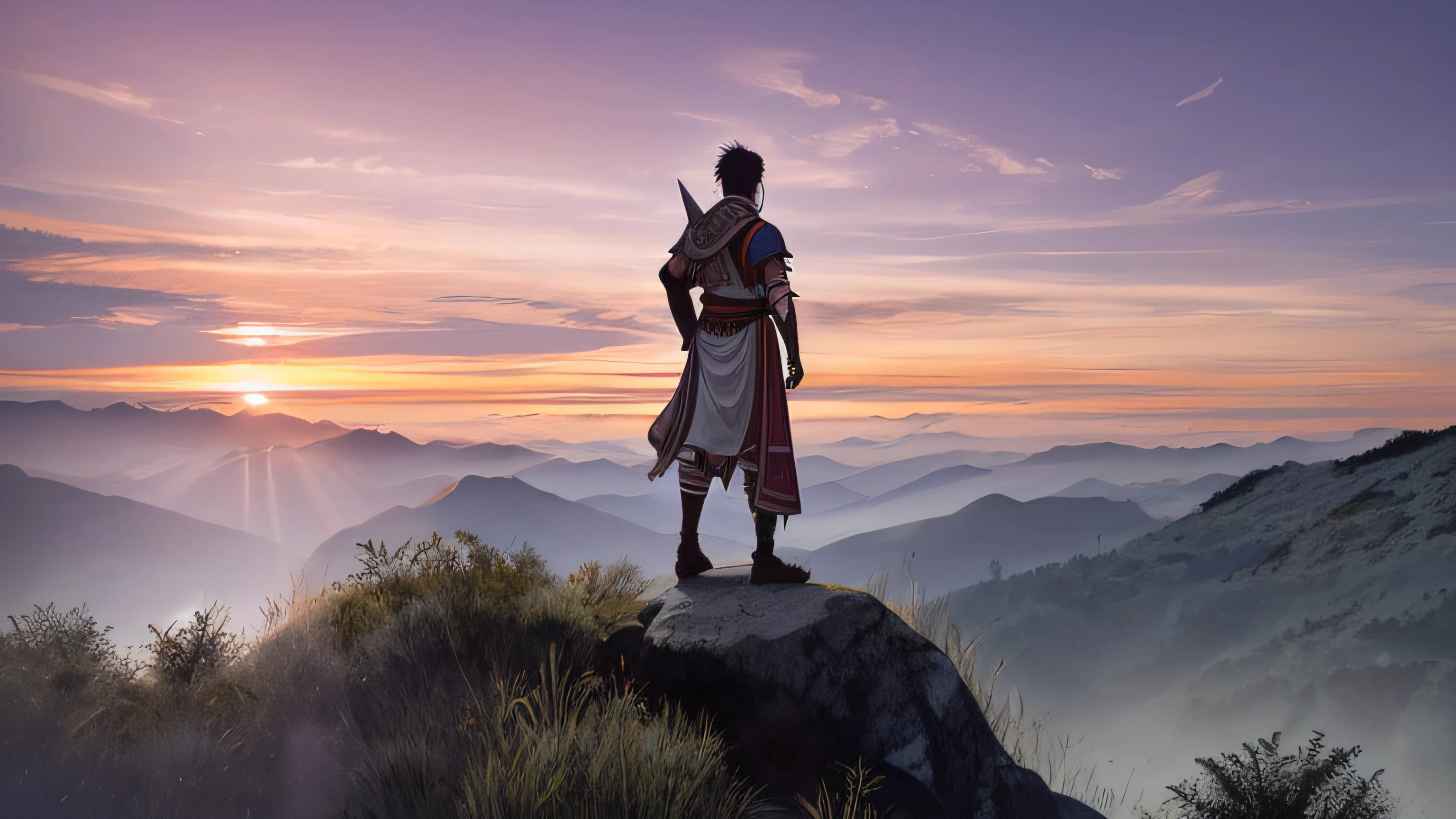 There is an Indian woman standing on a rock looking at the sunset on top of a mountain, usando armadura de folhas, Olhando para o horizonte, Picto Guerreiro, armadura tribal, jrpg aztec moda de rua, olhando para longe, Deusa guerreira picto, Close-up de corpo inteiro, looking up to the sky, distant full body view, Traje de guerreiro picto, staring into the distance