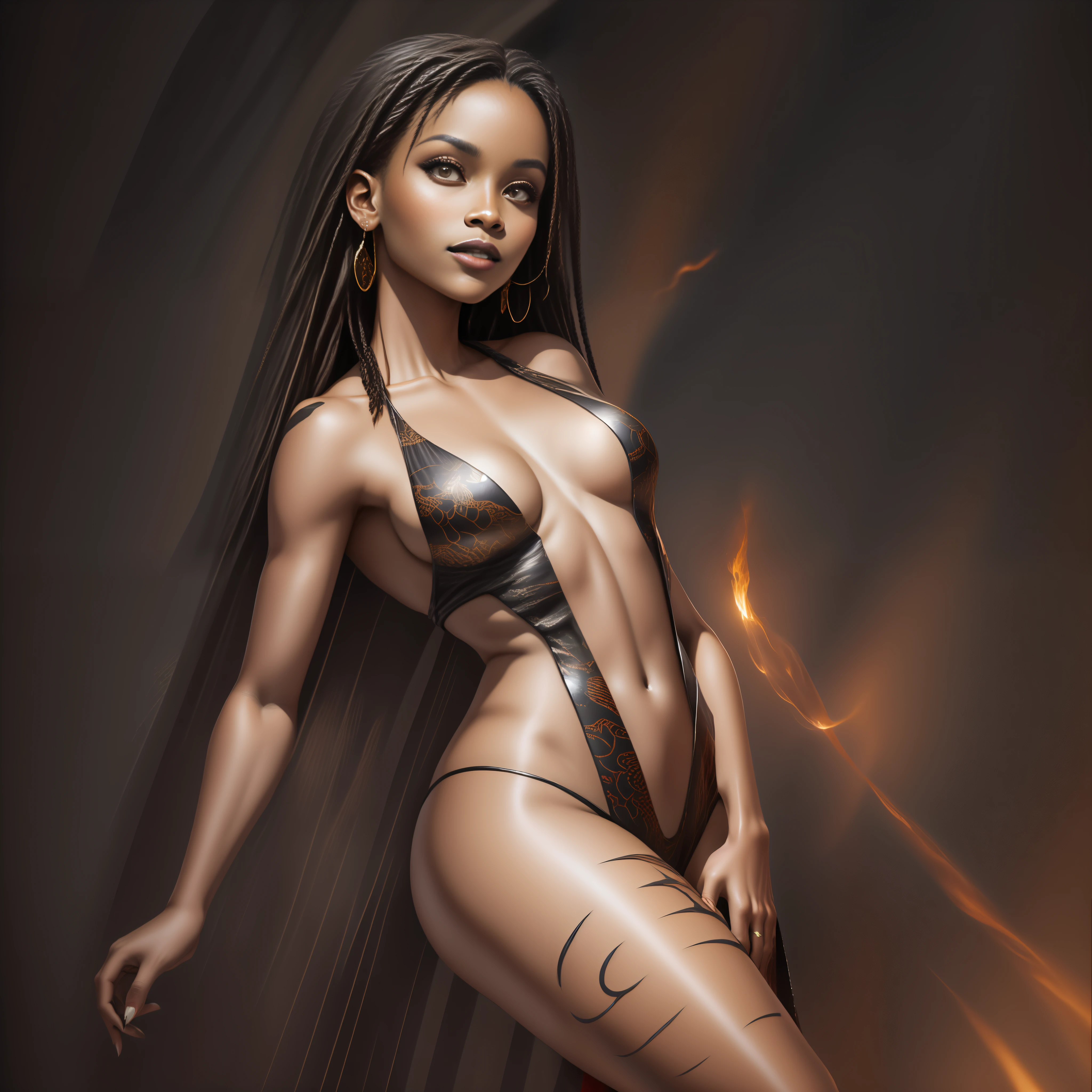 Arte Oficial, 统一 8k 壁纸, ultra detalhados, Beautiful and Aesthetic,mulher negra, obra-prima, melhor qualidade,J Scott Campbell, , 1Menina morena,((( cabelo vermelho))),(((africana))), ombros nus, Saia Curta, panturrilha, umbigo, muito detalhado, Arte de Jeremy Mann, dinamic angle, tiro de cowboy, (mais bela forma caos), fluindo, (cores brilhantes), Oc, (metade: 1.2),africa, (Jeremy Mann ), (fita: 1.3), (sonho: 1.5), (Hanfu: 1.5), africana dragon,africana,  Phoenix, (sorrir: 0,5), (divindade africana)(depth of field:1.1),(ray tracing:0.6),(cinematic lighting:1.1)