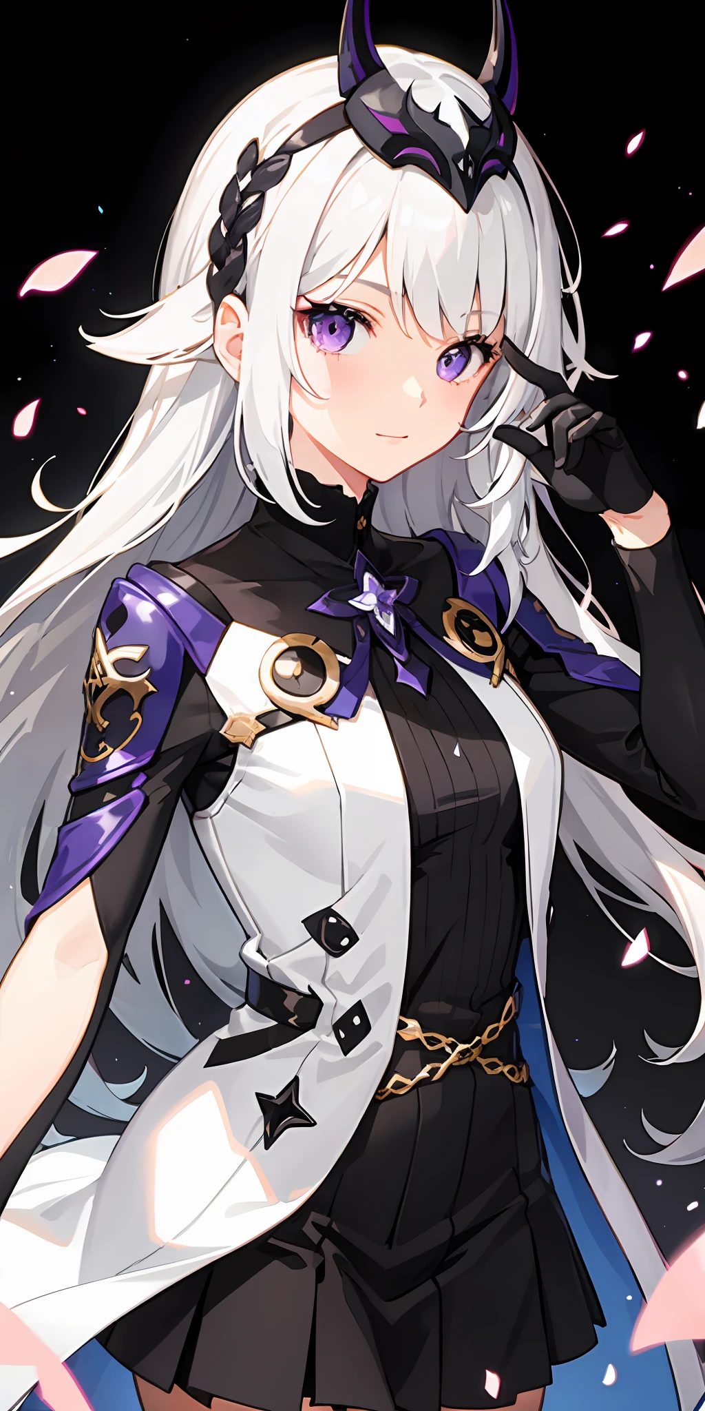 1girl, white hair, multicolored hair, purple eyes, mask on head, sidelighting, light particles, wallpaper,