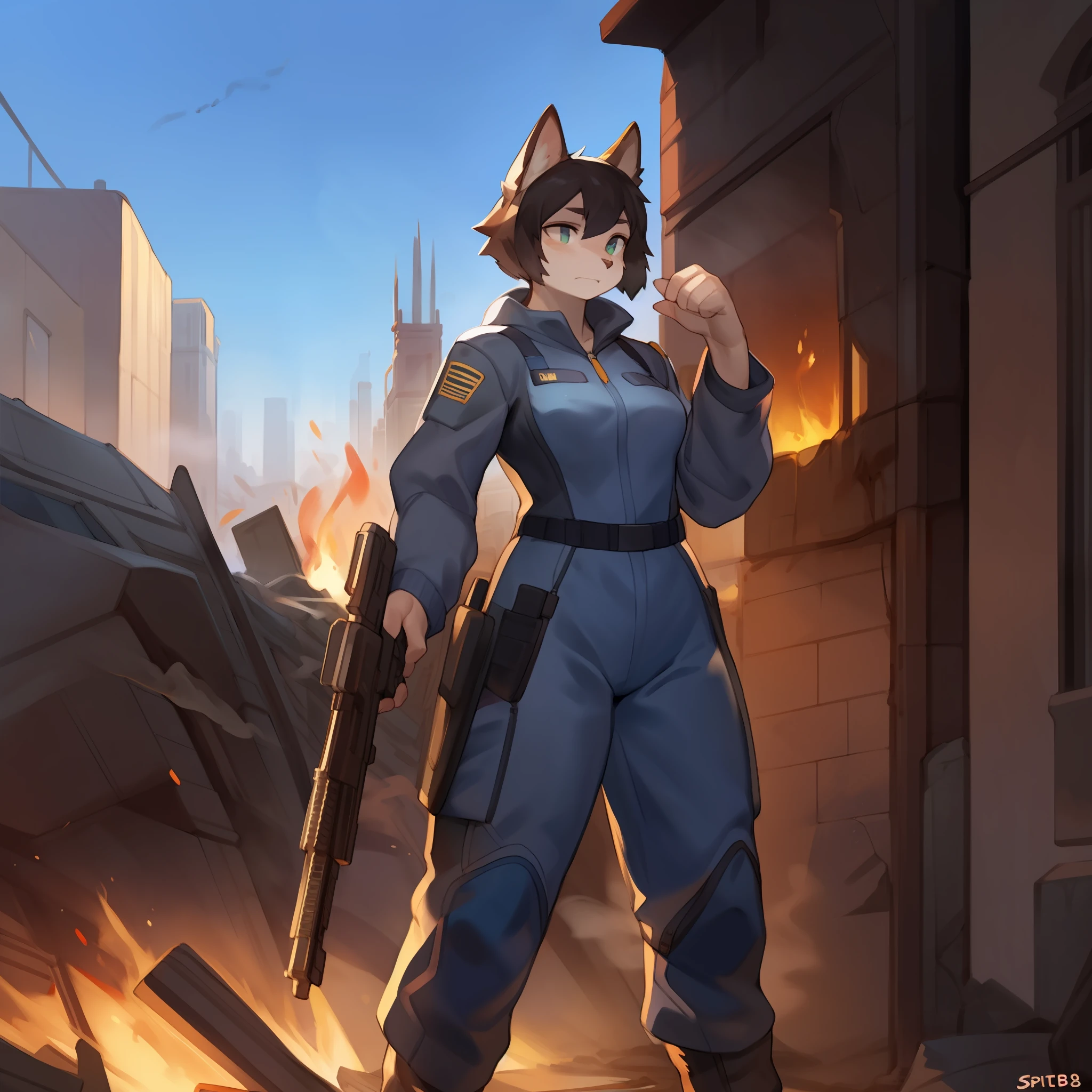 Solo, female, soldier, grey uniform, feline, brown fur, holding assault rifle, standing, destroyed city, ruined city, fire, smoke covered sky, by bebebebebe, by buta99, by chunie, by glitter trap boy, by chelodoy, by spikedmauler, black hair, sci fi, grey bodysuit, frowning, dramatic lighting