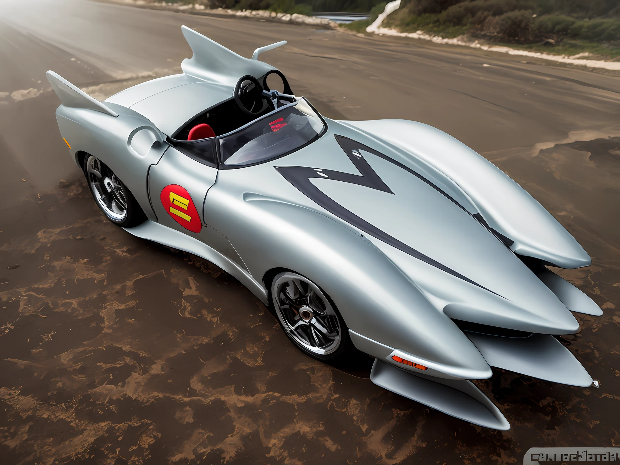 a closeup of a toy car on a concrete superficie, Speedster, mat 5, speed racer,futurista, Piloto de velocidade, desenhado como o anime Piloto de velocidade, prototype car, f - zero, Speeder, Super carro, badass Batmobile car design, frank kozik, f zero, carro de corrida, super, prototype, foguete, sci-fi car, raio, F11:6, Carro de corrida