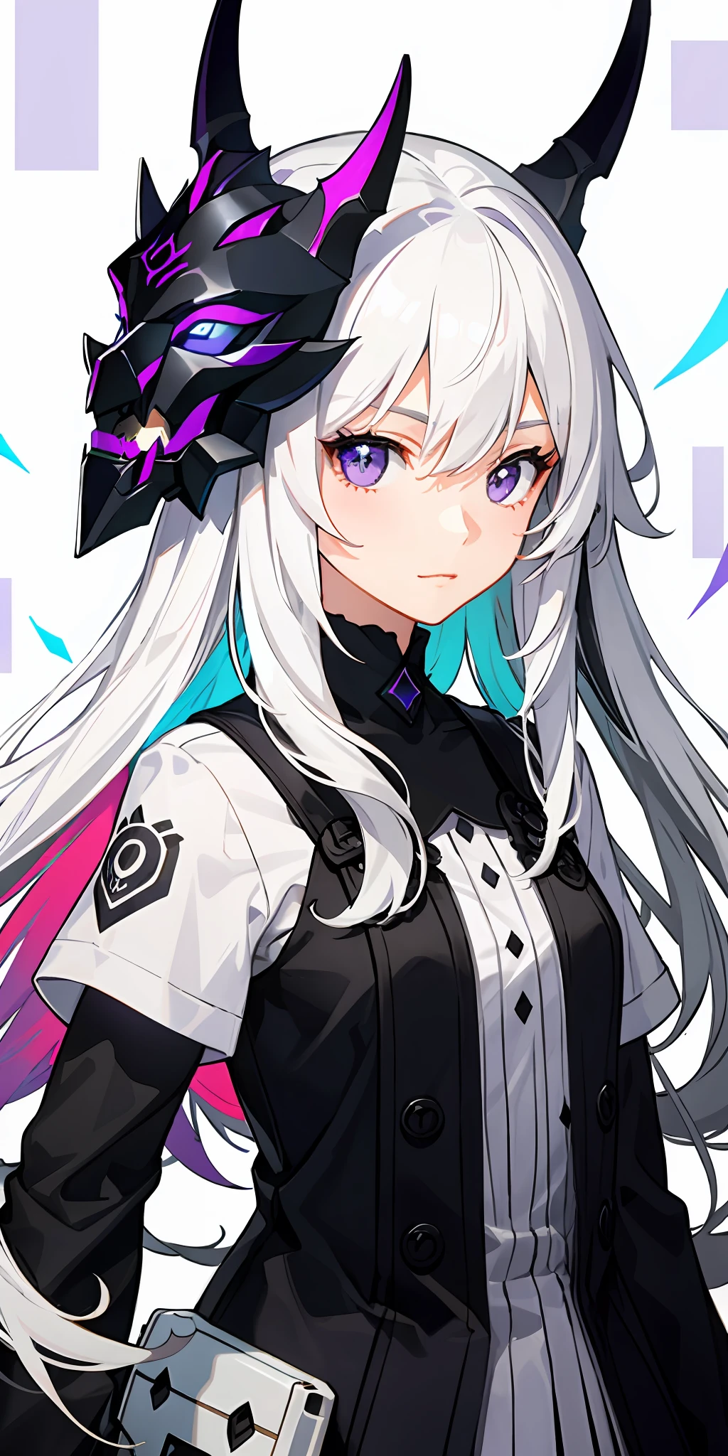 1girl, white hair, multicolored hair, purple eyes, mask on head, sidelighting, light particles, wallpaper,
