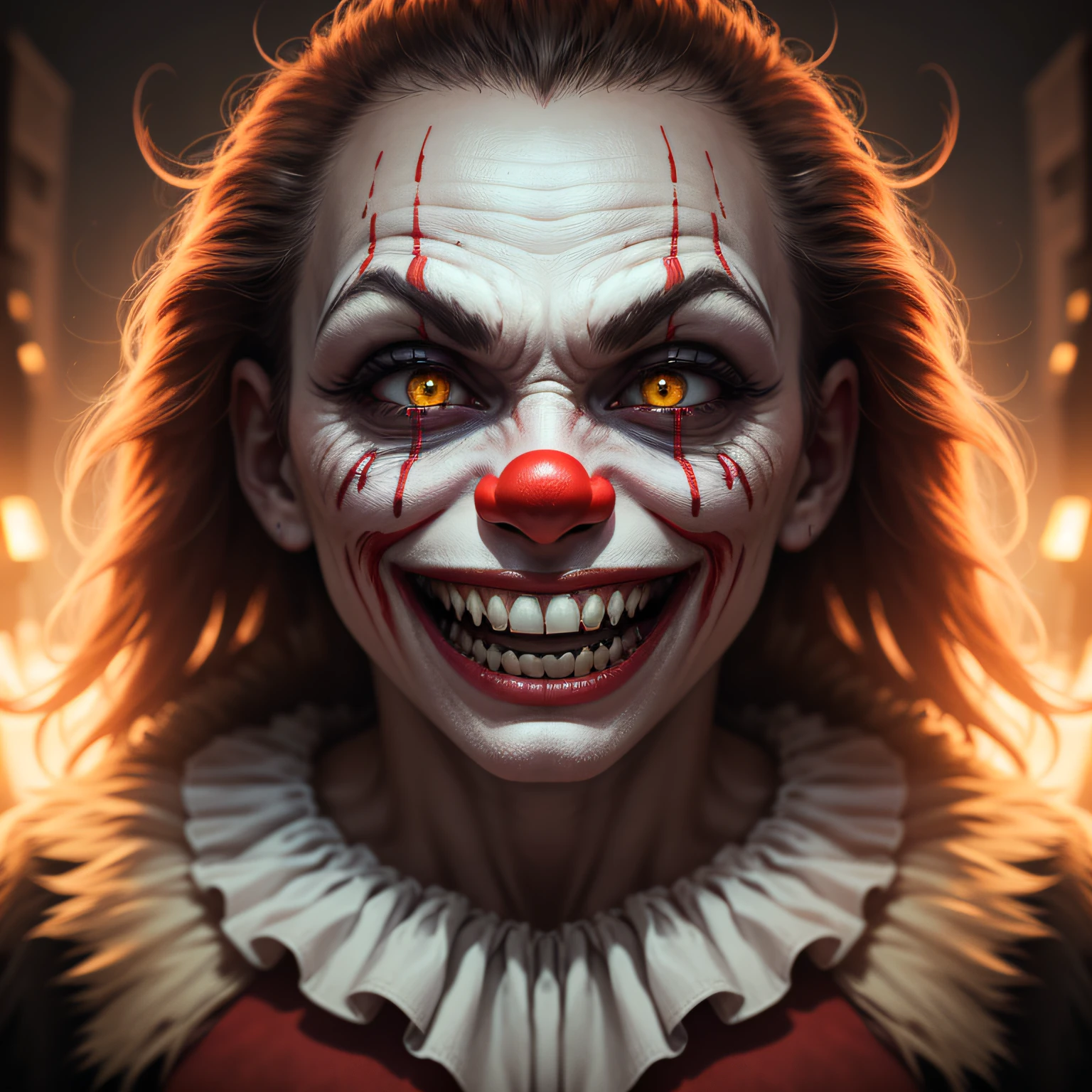 Nightmare Grin An image featuring an evil clown with a menacing grin, showcasing sharp, yellowed teeth and an unsettling smile that sends chills down the spine, Ultra realism, color field printing, high detail, UHD, 8k, anatomically correct, cinematic lighting 4d quality --auto