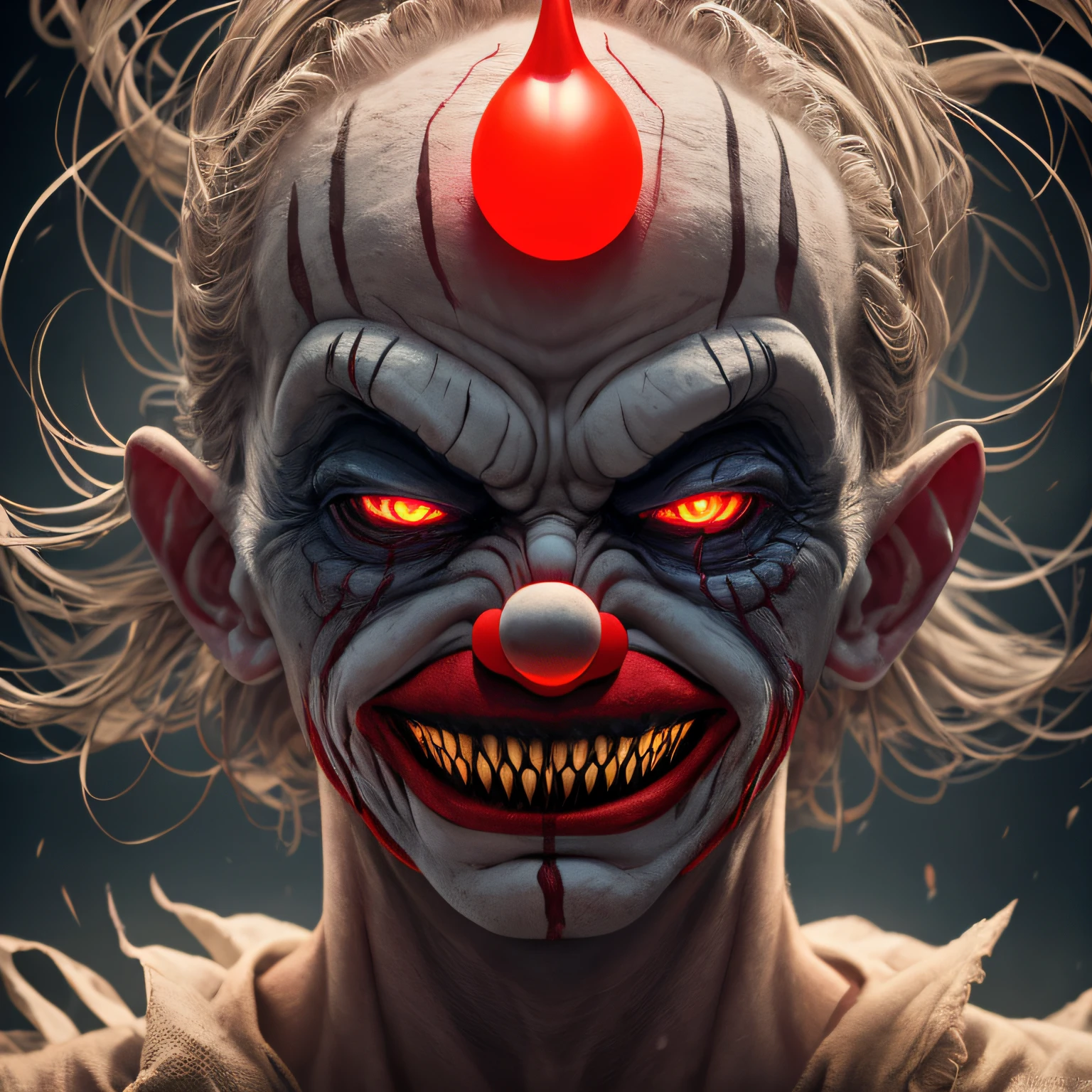 Nightmarish Transformation	 A series of images depicting the gradual transformation of a once innocent clown into an evil entity, showcasing the gradual corruption and darkness taking hold, Ultra realism, color field printing, high detail, UHD, 8k, anatomically correct, cinematic lighting 4d quality --auto