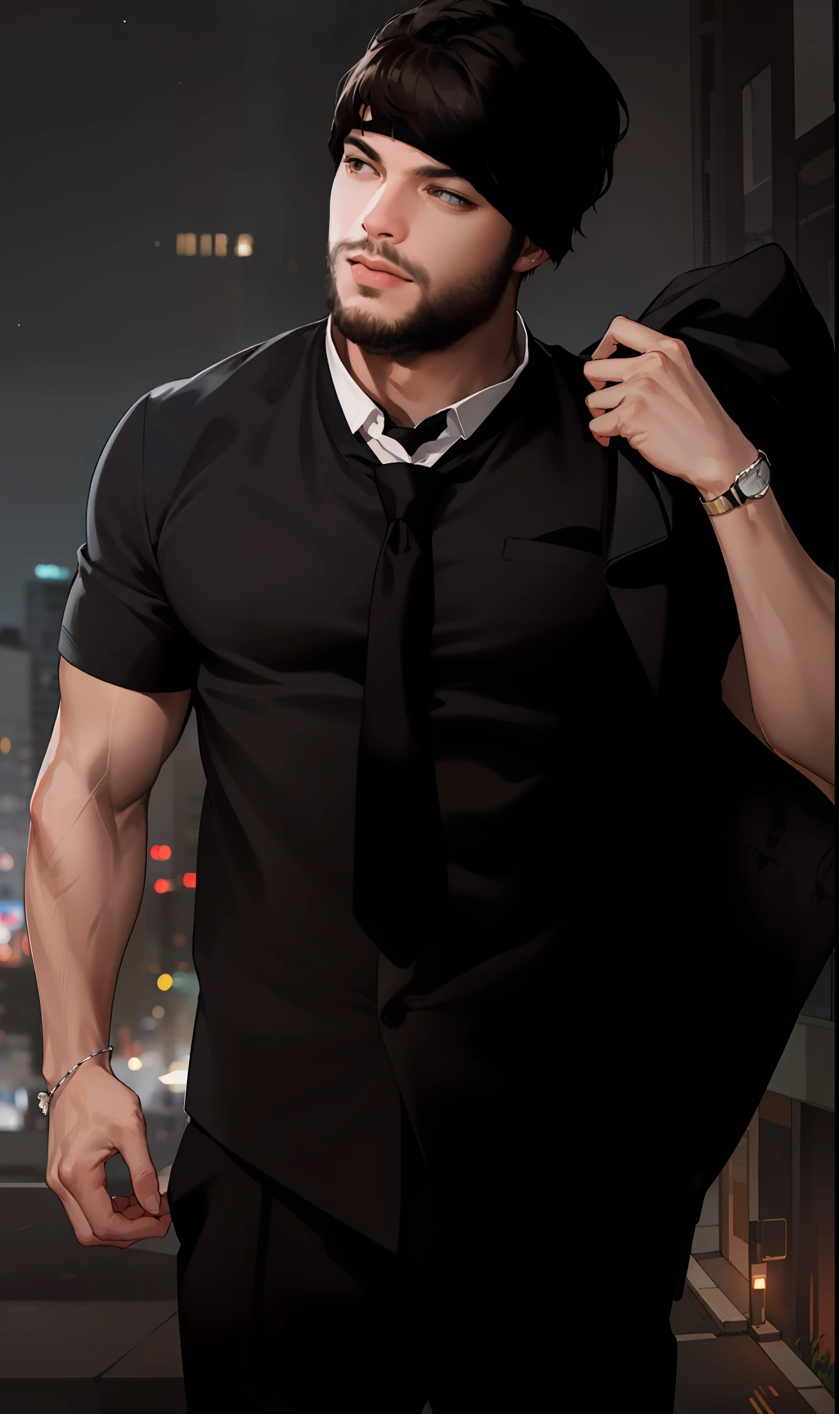 (absurdres, highres, ultra detailed, realistic, ), 1 male, solo, adult, mature, tall muscular guy, broad shoulders, handsome, very short hair, black hair, brown eyes, angular jaw, thick neck, thick eyebrows, night, dark, the night view of the city background, formal suit, necktie, upper body