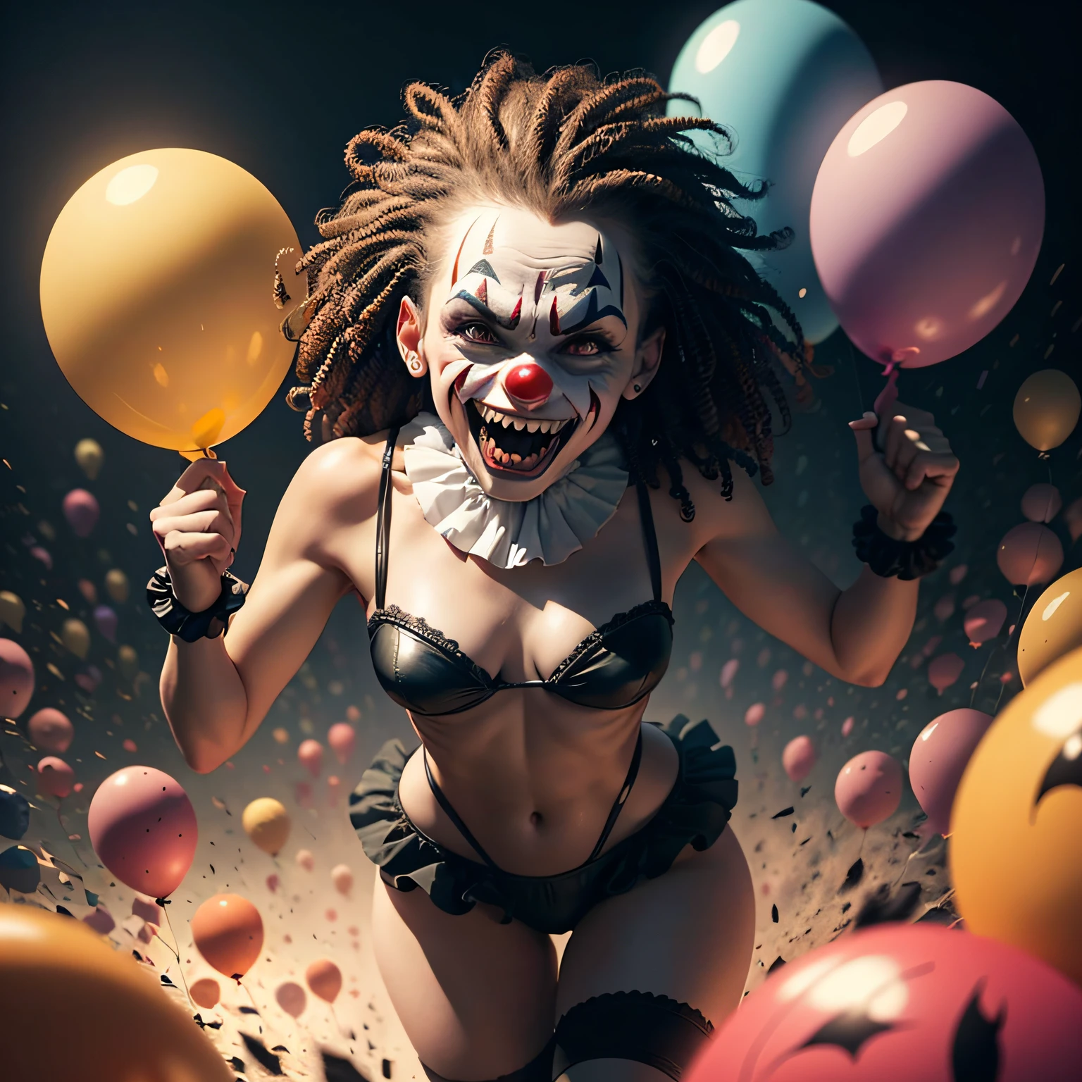 Terrorizing Balloons	 An illustration featuring a swarm of menacing balloons, each with an evil clown face, floating ominously in the air, ready to unleash their chaos and fear, Ultra realism, color field printing, high detail, UHD, 8k, anatomically correct, cinematic lighting 4d quality --auto