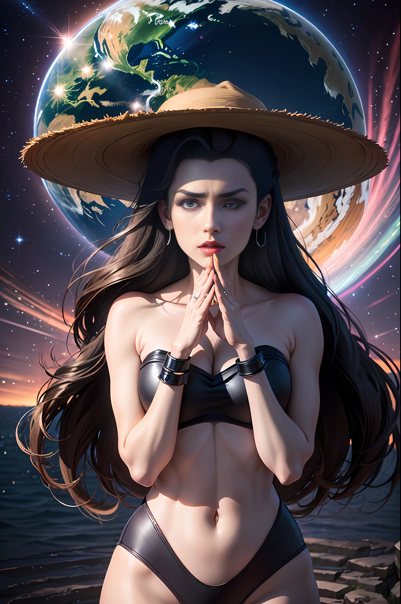 (LisaLisa devouring planet Earth with her hands, obra-prima, melhor qualidade, detalhamento ultra-alto), best ilumination, melhor sombreamento, extremely delicate and impressive expression, cena flutuante, cosmic background, Nearby planets like rings, large amounts of cosmic rays, vivid and complex details, arte final detalhada, cores vibrantes.