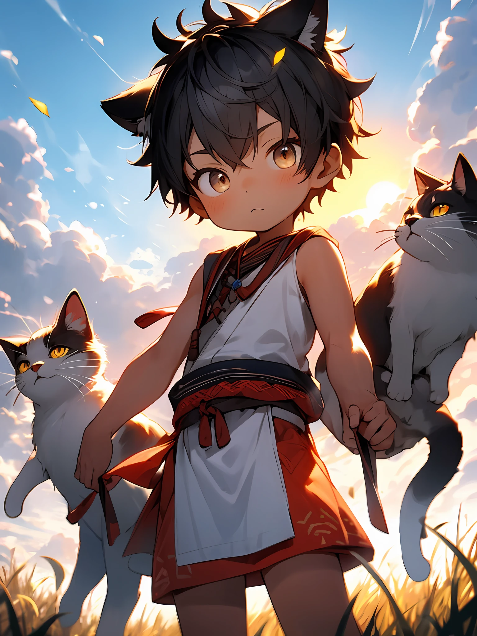 （Shota，iwhite colored hair，ddlers ，Gradient_Eyes，Libido boy，mascle）Cat ears on people，Cutes， to stand， Master masterpieces， high resolucion，8K，detailedbackground，highly quality，独奏，loincloth，Indigenous clothing，grass field，the falling leaves，the clouds，setting sun，face red，close-ups