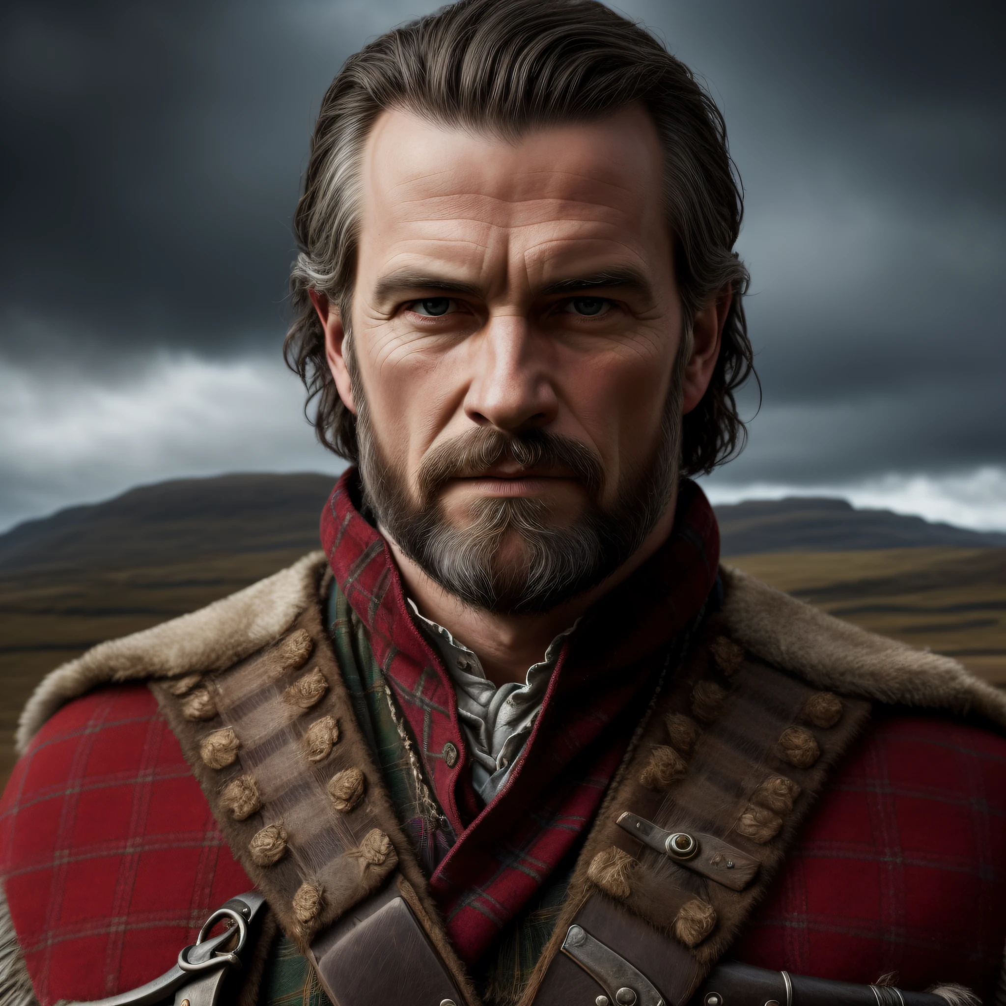 a portrai of a man of highlander in Scotland , with intrinsic details, master piece, hyper realistic , hd , 8k