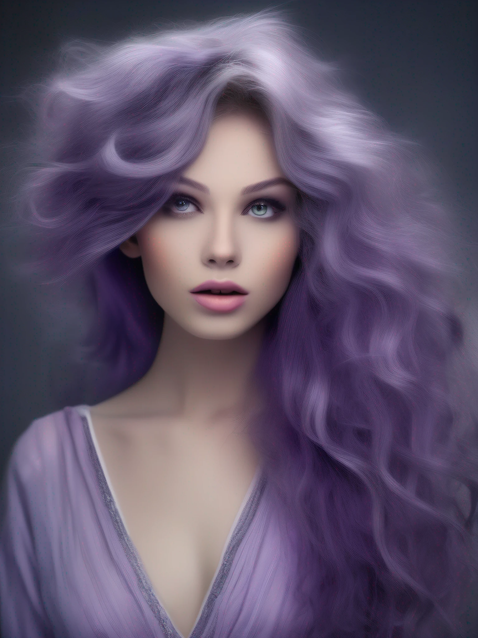 "A feminine character", "hair": { "color": "purple", "length": "long", "style": "wild" }, "appearance": { "delicate": true, "expressions": { "strong": true, "sensual": true } }, "eyes": { "color": "silver" }, "lips": { "thickness": "thick", "lipstick": { "color": "purple" } }, "body": { "definition": "well-defined", "breasts": "ample", "abdomen": "toned", "buttocks": { "firmness": "firm", "shape": "shapely" }, "thighs": { "thickness": "thick", "tone": "toned", "flabbiness": "absent" } }, "outfit": { "revealing": true, "neckline": "deep", "shorts": { "length": "very short" } }, "footwear": { "type": "knee-high boots", "heels": "high" }, "scene": { "location": "deserted street", "pollution": "heavily polluted", "city": "bustling city" }, "style": { "type": "modern urban", "details": "vibrant and realistic" } }