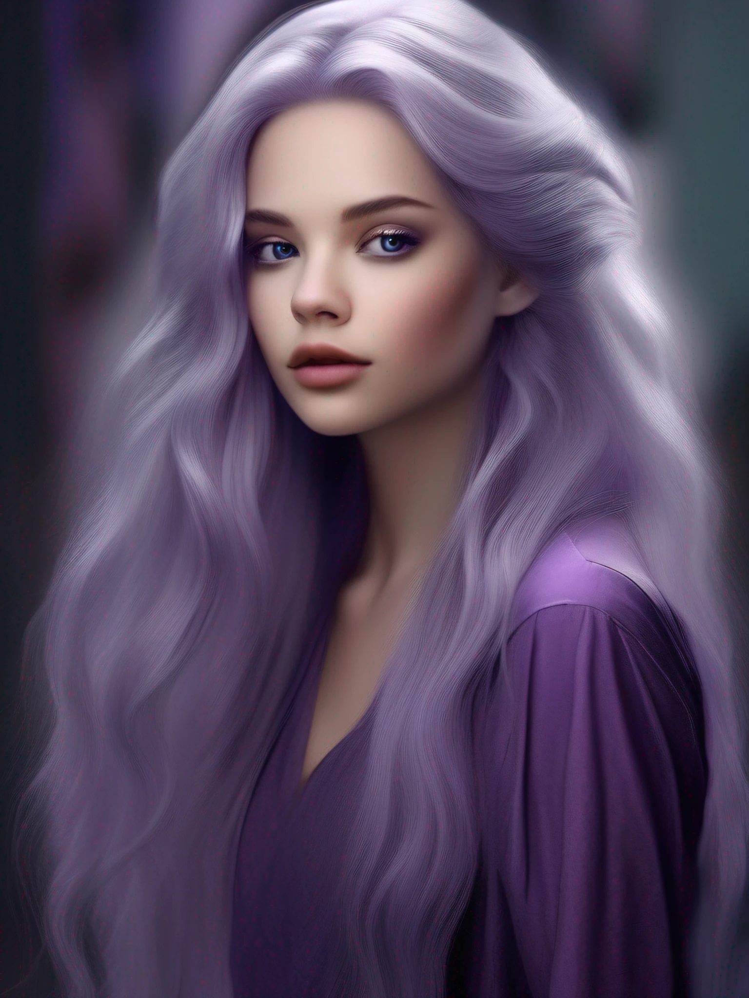 "A feminine character", "hair": { "color": "purple", "length": "long", "style": "wild" }, "appearance": { "delicate": true, "expressions": { "strong": true, "sensual": true } }, "eyes": { "color": "silver" }, "lips": { "thickness": "thick", "lipstick": { "color": "purple" } }, "body": { "definition": "well-defined", "breasts": "ample", "abdomen": "toned", "buttocks": { "firmness": "firm", "shape": "shapely" }, "thighs": { "thickness": "thick", "tone": "toned", "flabbiness": "absent" } }, "outfit": { "revealing": true, "neckline": "deep", "shorts": { "length": "very short" } }, "footwear": { "type": "knee-high boots", "heels": "high" }, "scene": { "location": "deserted street", "pollution": "heavily polluted", "city": "bustling city" }, "style": { "type": "modern urban", "details": "vibrant and realistic" } }
