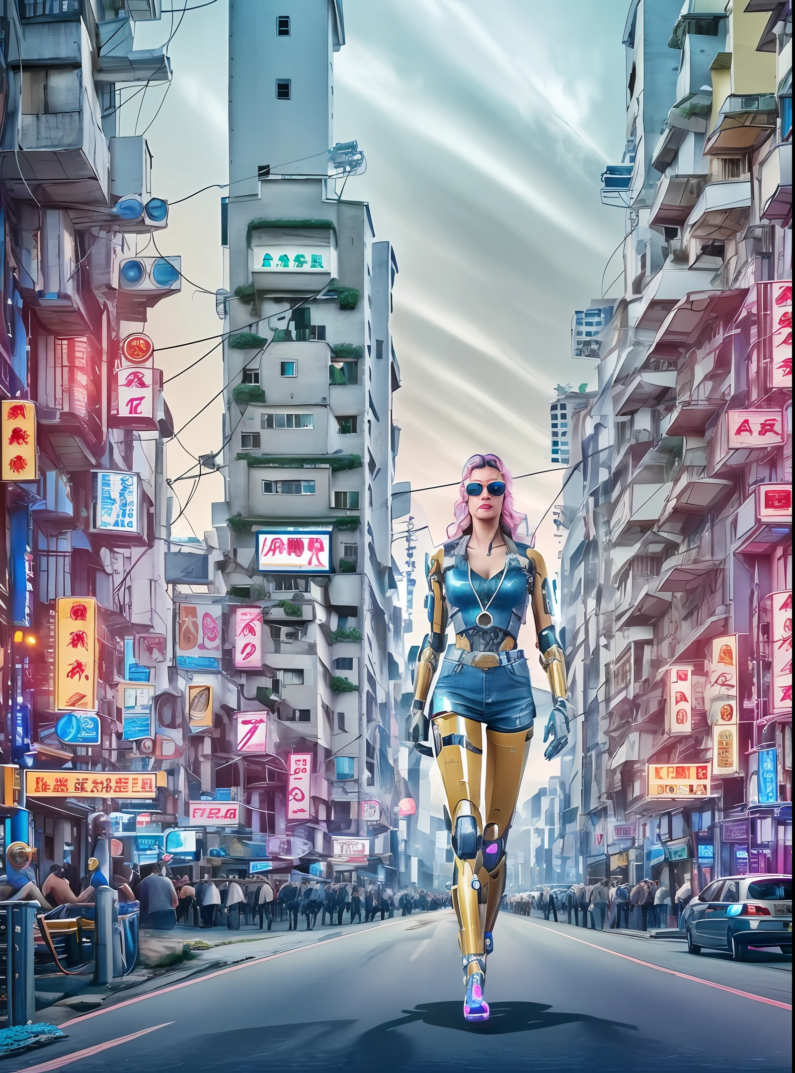 sue3, an award winning photograph of a beautiful woman posing full body, legs, pumps, clocks, stainless steel, wires, neon neural network, feet, walking down a busy street, halo, intricate cyberpunk robot, highly detailed,