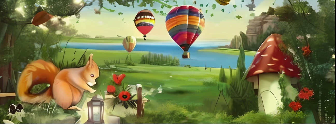 painting of a squirrel and a squirrelling in a forest with hot air balloons, as an air balloon, baloons, hot air balloon, hot air balloon, balloons, dreamy scene, hot air balloon, peaceful scene, In the air, DreamlikeArt, in sunny weather, Peaceful environment, 🪔 🎨;🌞🌄, landscape shot, Close to the real world,color: Light color,the most beautiful scene --auto