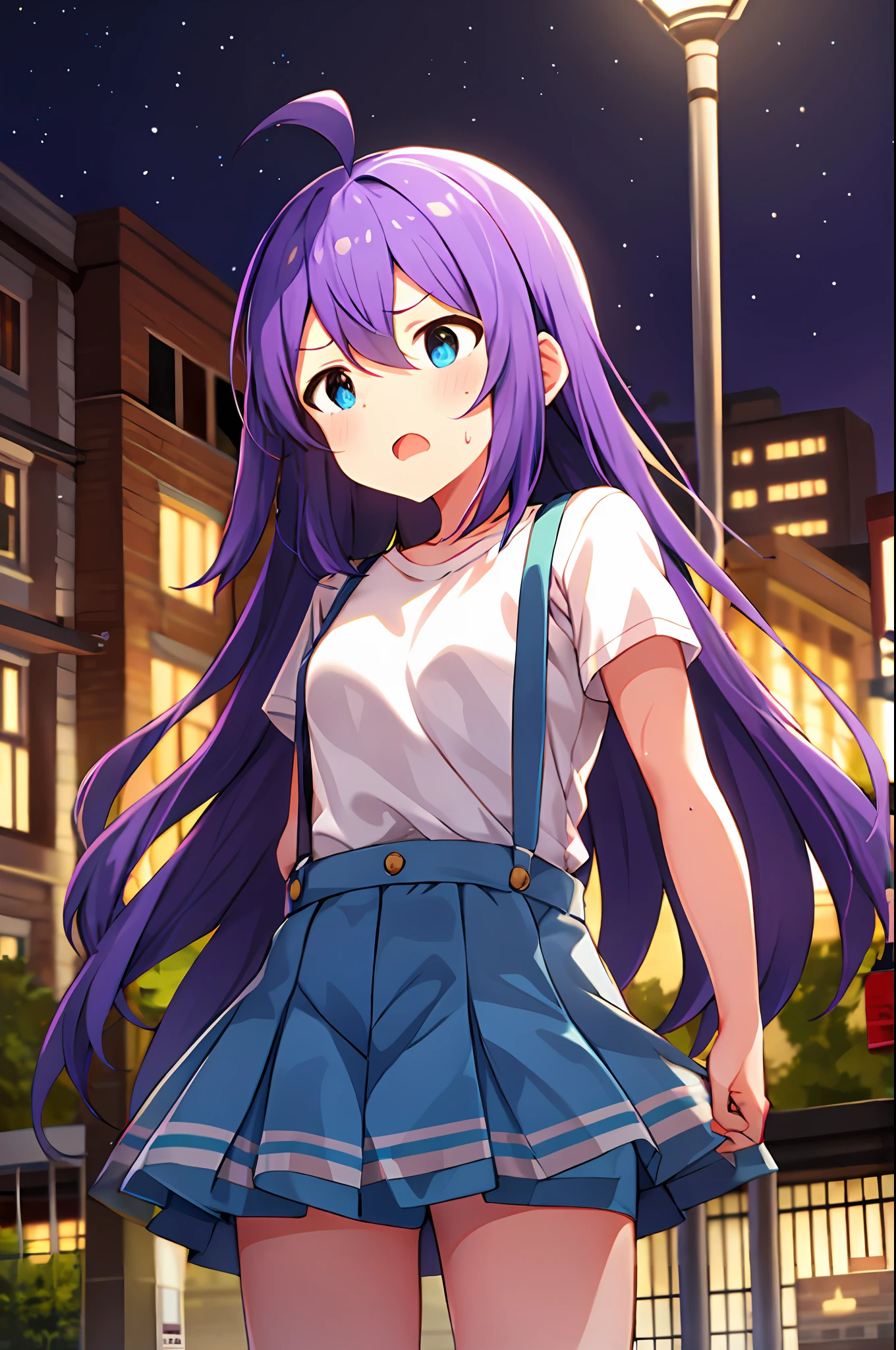 mochizuki anna,1girls,Solo,Long hair,Purple hair,Small_Ahoge,Blue eyes.Short stature.white t-shirts.suspenders.Skirt.Night view.fighting stance.Despair face.Clench your fists.sweat.Opening Mouth.
