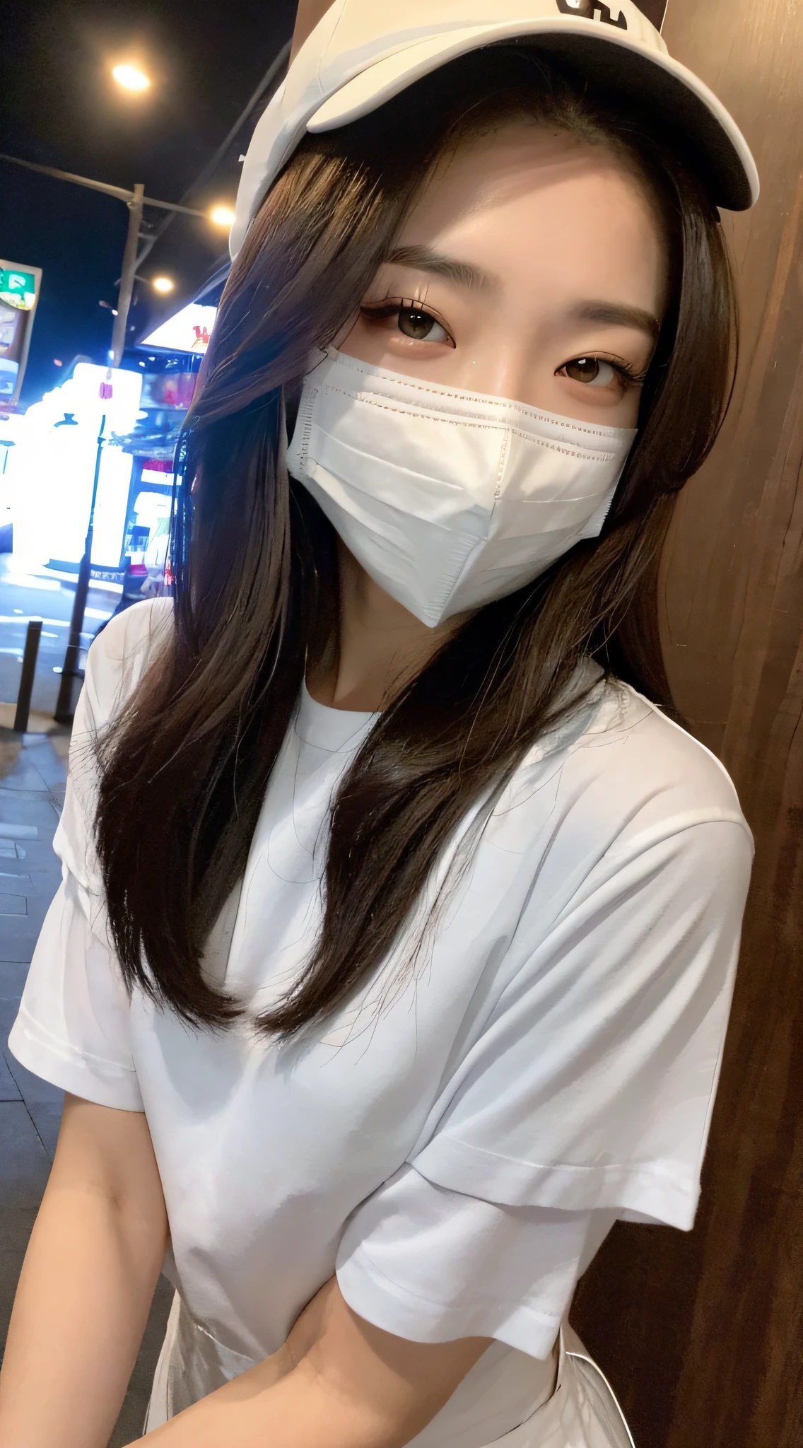 Outdoor, City Street, Super Fine Face, Fine Eyes, Double Eyelids, (Shopping: 2.0), Night, Wearing a Mask, Hat, Black Hair, Bob Head, Setback, Long Eyelashes, Solid Round Eyes, Light Smile, Ear Blush, Square, Surrealism, Shadows, Emboss, Diorama Diagram, Tachi-E, POV, Atmospheric Perspective, 8K, Super Detail, Accuracy, Best Quality 4K, Natural Light, Restaurant, In Restaurant, Nurse Wearing Mask, Hotel Lobby, (Best Quality, 8K, Masterpiece: 1.3)) , (Cap: 1.3), Focus: 1.2, Perfect Body Beauty: 1.4, Buttocks: 1.2, (Layered Haircut: 1.2), (Dark Street: 1.3), Highly detailed face and skin texture, Fine eyes, Double eyelids, Whitened skin, Long hair, (Round face: 1.5), (Short sleeves, Shorts: 1.6), Half-sleeve clothing, Nurse, ((Realistic lighting, Best quality, 8K, Masterpiece: 1.3)), Clear focus: 1.2, 1girl, Perfect body beauty: 1.4, slender abs: 1.1, ((dark brown hair)), (outdoor, night: 1.1),