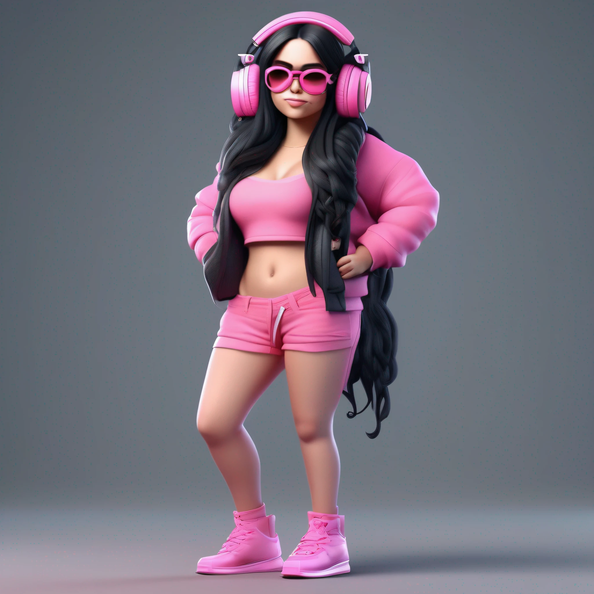 girl with stunning 3D resolution 12K character in [gritty Hip Hop] style, big breasts, pink top, headphones, big dark glasses, long black hair, chibi in detailed (full body), highly detailed, bright, ultra high quality, Hyperrealism, Photorealism, [octane render].
