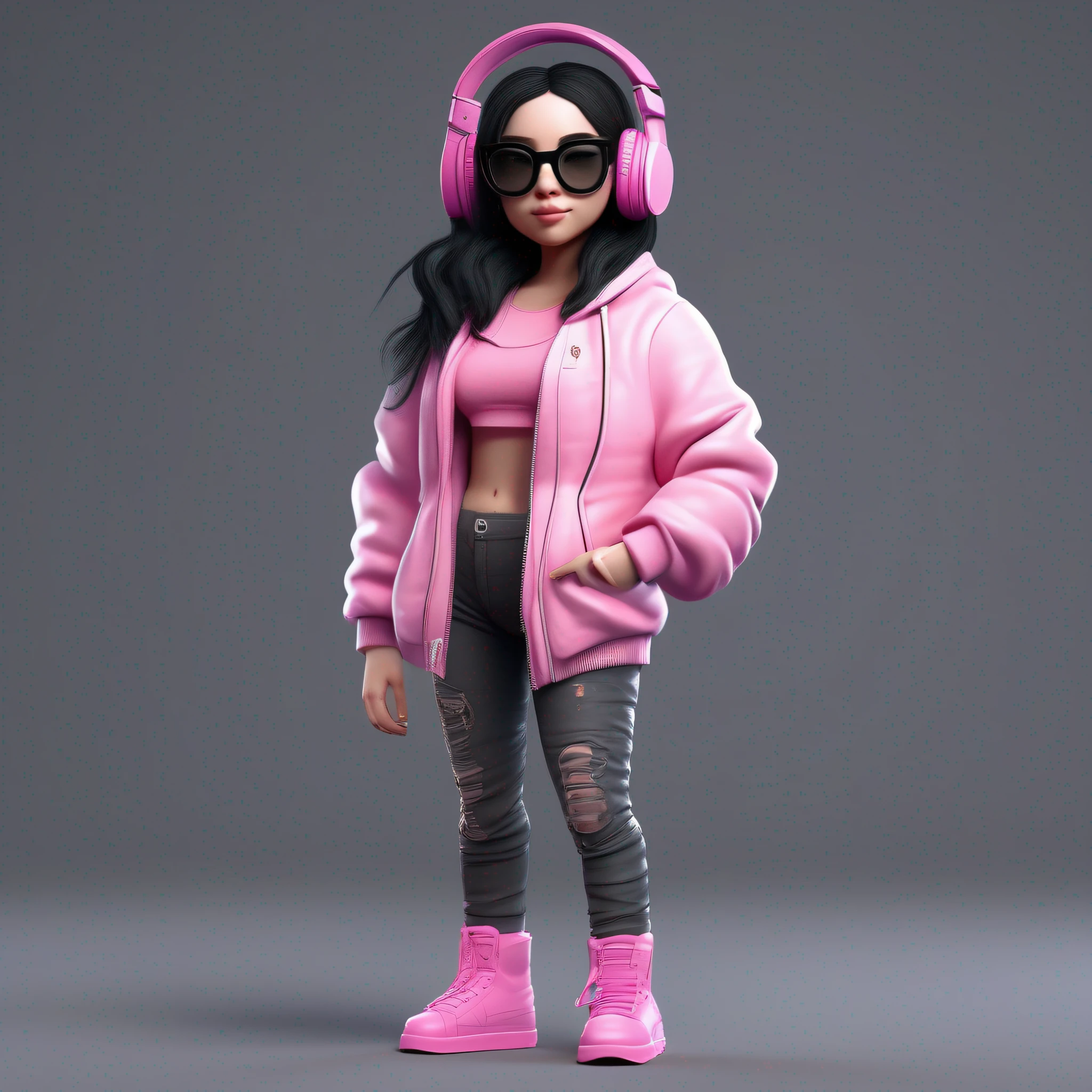 girl with stunning 3D resolution 12K character in [gritty Hip Hop] style, big breasts, pink top, headphones, big dark glasses, long black hair, chibi in detailed (full body), highly detailed, bright, ultra high quality, Hyperrealism, Photorealism, [octane render].