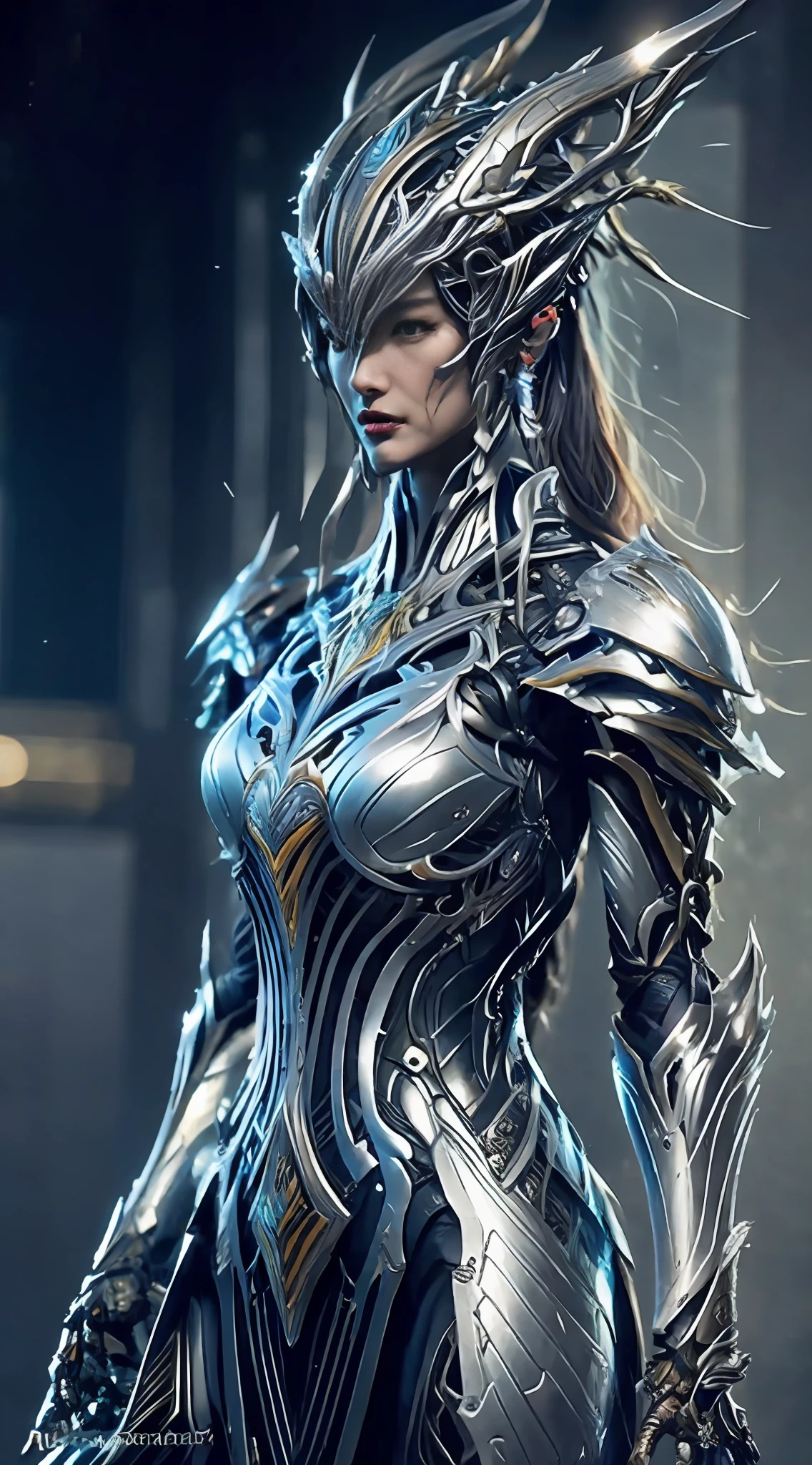 a close up of a woman in a silver and blue dress, chengwei pan on artstation, by Yang J, detailed fantasy art, stunning character art, fanart best artstation, epic exquisite character art, beautiful armor, extremely detailed artgerm, detailed digital anime art, artgerm on artstation pixiv, armor girl 1 japanese, WARFRAME, prime,rhino prime,volt prime,saryn prime dynamic pose, intricate pattern, heavy metal, energy lines, faceless, glowing eyes, long silver hair, wind blown hair, elegant, intense, blood red and black uniform, bloody wings, solo, desert, sunny, bright, claws, dramatic lighting, (masterpiece:1.2), best quality, high resolution, beautiful detailed, extremely detailed, perfect lighting, zhongfenghua, from below