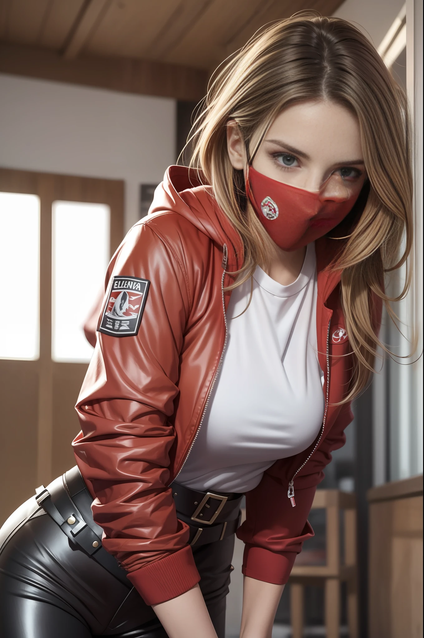 absurdres, foto RAW, mais alta qualidade, (obra-prima: 1.3), foto profissional, unidade de papel de parede CG 8k extremamente detalhada, foto-realista, realista, foto RAW, obra-prima, melhor qualidade, highres,
1girl, 18 ANOS, branca, cabelo loiro, ondulado, Average length, rabo de cavalo, capuz, corpo magro, pernas finas, rosto lindo perfeito, belos olhos realistas claros, pele clara, textura de pele detalhada, seios muito pequenos naturais. Serious, concentrada. Selfie angle katanas on belt, pochete. (Vestes de ninja urbano vermelhas. Luvas, botas, Red legging pants. Red hood and red facial mask. design realista). barriga coberta. Corredor escuro, terror, in the nighttime. Casa abandonada. Air of threat. Noite