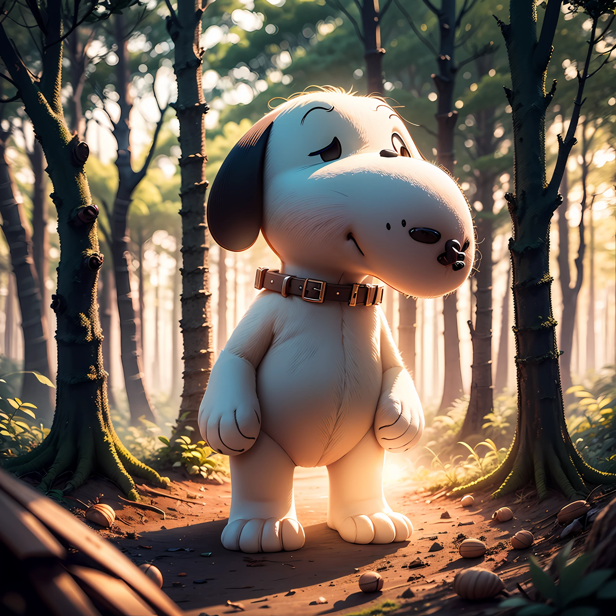 Snoopy playing in the woods,IP image,3d,The Big Peanut Movie,black hair, chiaroscuro, cinematic lighting, ray tracing, pov, atmospheric perspective, 8k, super detail, high details, award winning, best quality --auto