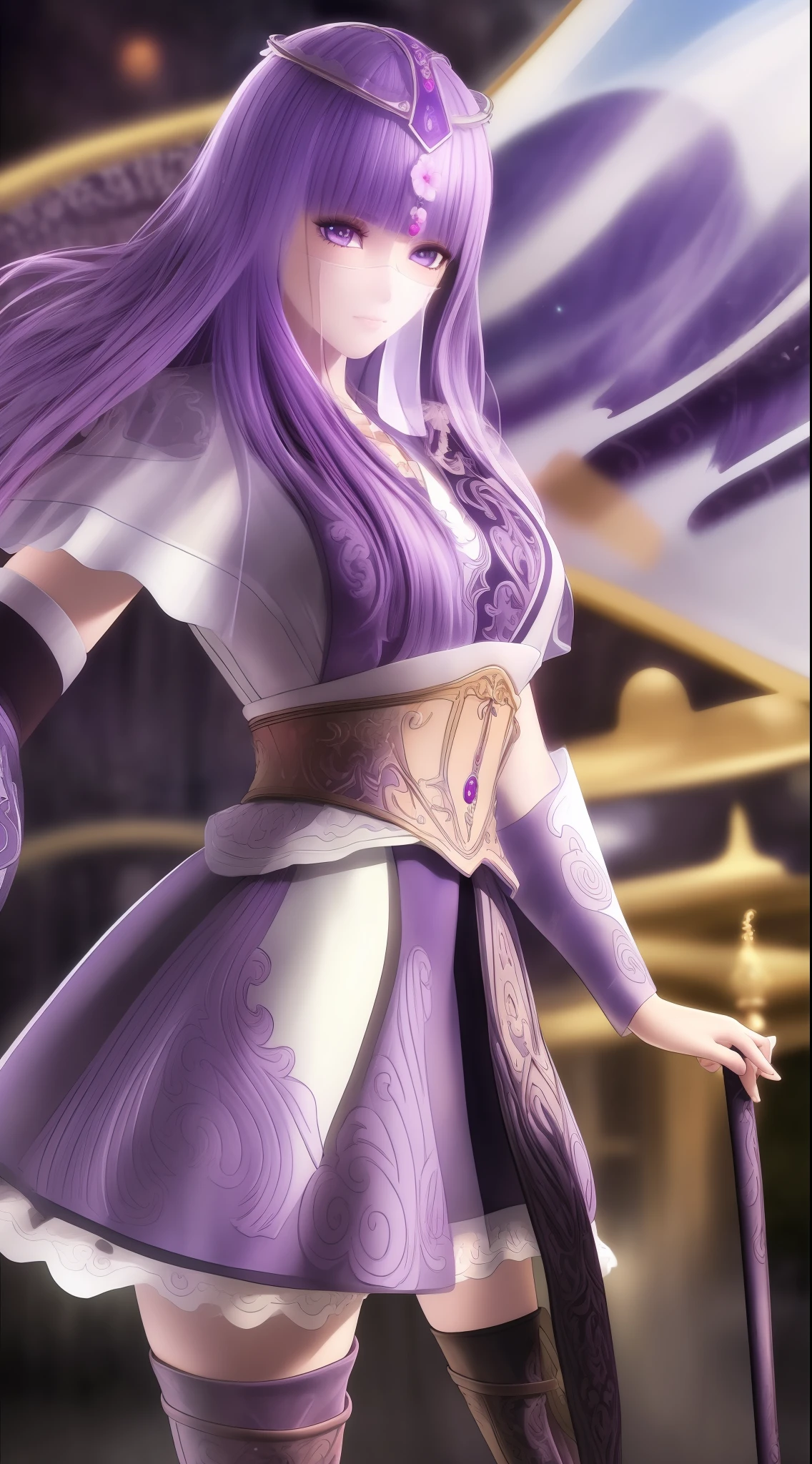 masterpiece, (best quality:1.4), (ultra highres:1.2),4K quality, (delicate illustration:1.4),(8k, RAW photo:1.2),1girl,veil, purple eyes,armor, dress, thighhighs, thigh boots,  cowboy shot,