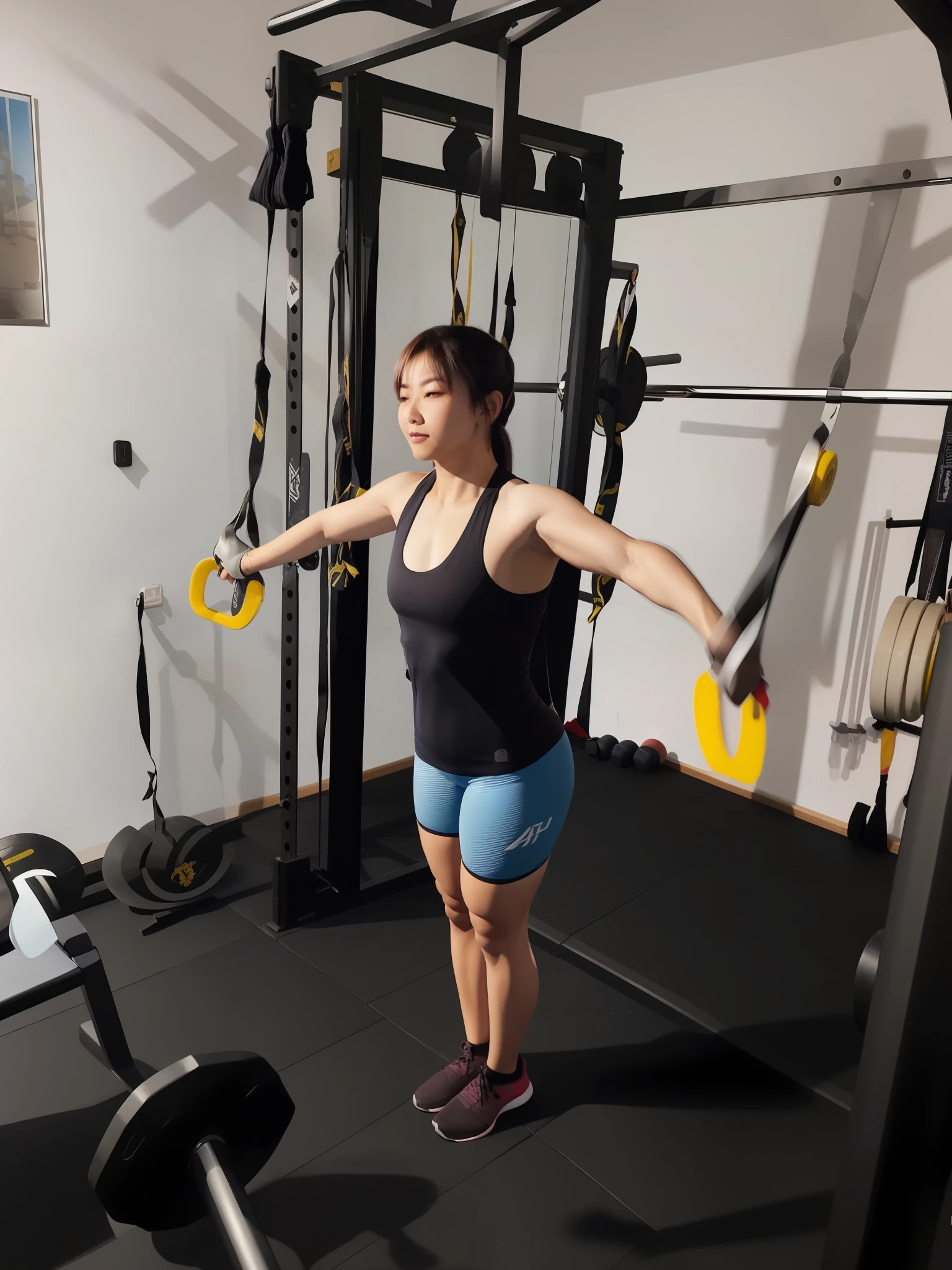 arafed woman in a gym with a pair of scissors in her hand, malhar, chun li at the gym, foto fit, Cottagecore!! corpo fitness, em uma academia, curvy crossfit build, mid-transformation, ombros podem ser vistos, parte superior do corpo!!, 2 9 anos, arms extended, body is strong and upright, levantamento de pesos