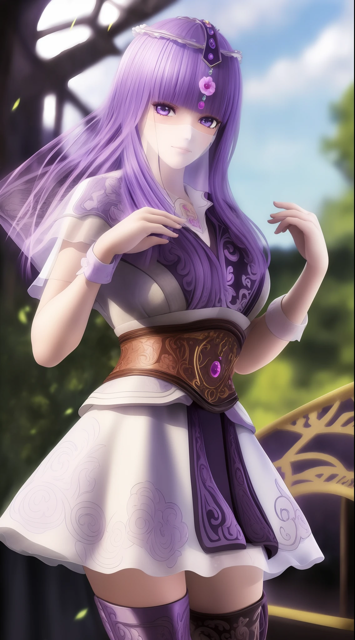 masterpiece, (best quality:1.4), (ultra highres:1.2),4K quality, (delicate illustration:1.4),(8k, RAW photo:1.2),1girl,veil, purple eyes,armor, dress, thighhighs, thigh boots,  cowboy shot,