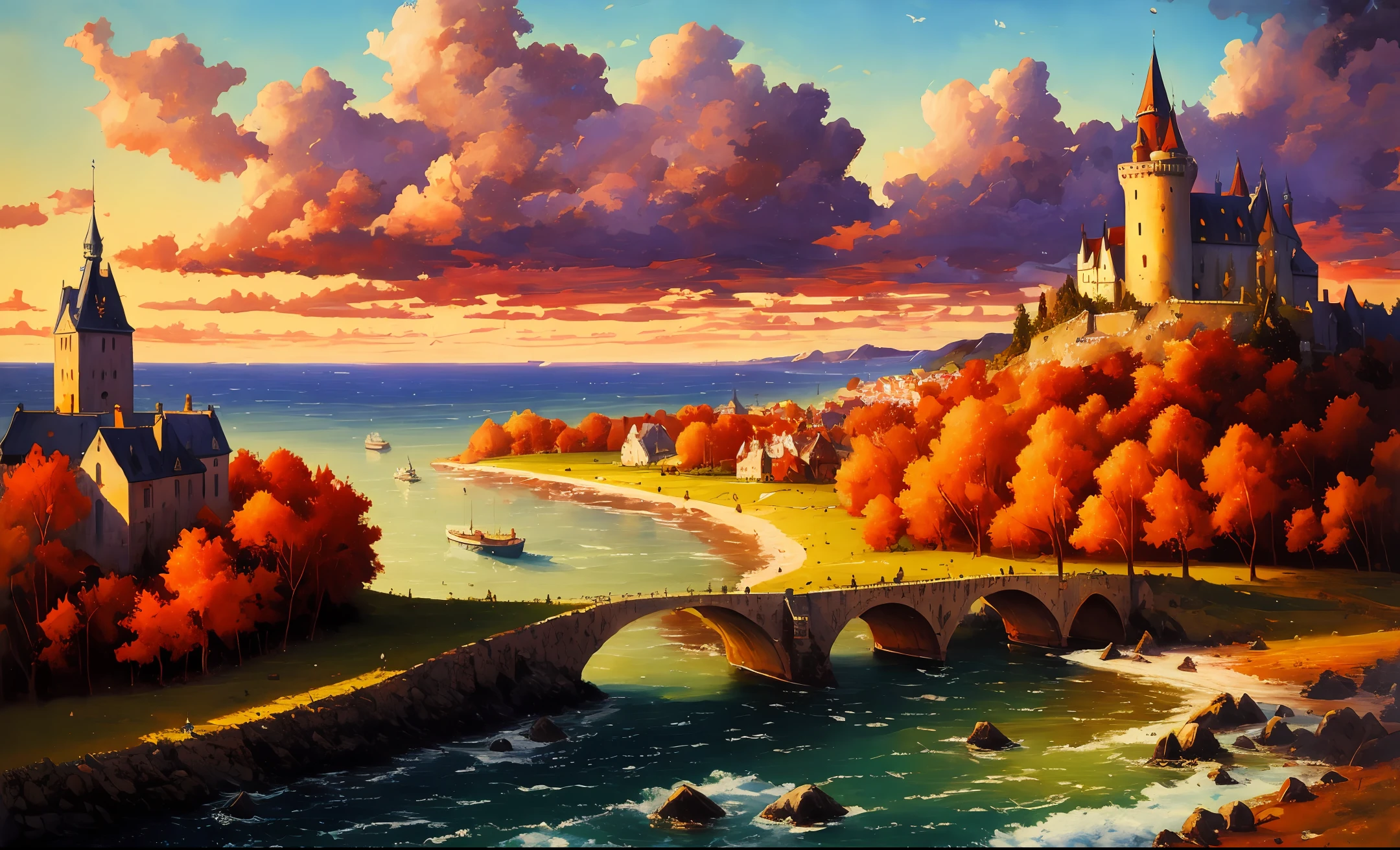 Dreamlikeart absurdres highres masterpiece best quality Alois Arnegger Antoine Blanchard City castle forest sea sky reddish clouds