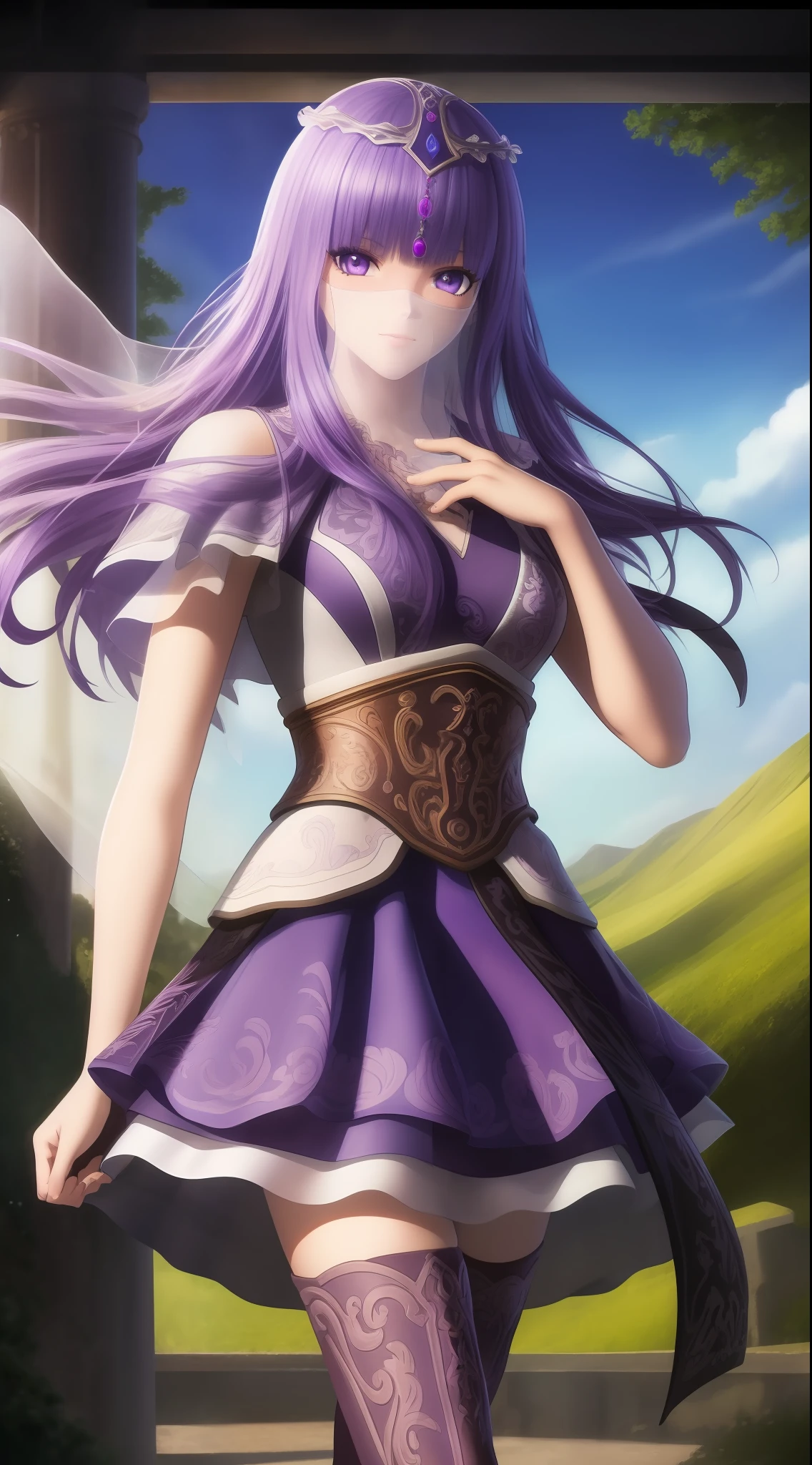 masterpiece, (best quality:1.4), (ultra highres:1.2),4K quality, (delicate illustration:1.4),(8k, RAW photo:1.2),1girl,veil, purple eyes,armor, dress, thighhighs, thigh boots,  cowboy shot,